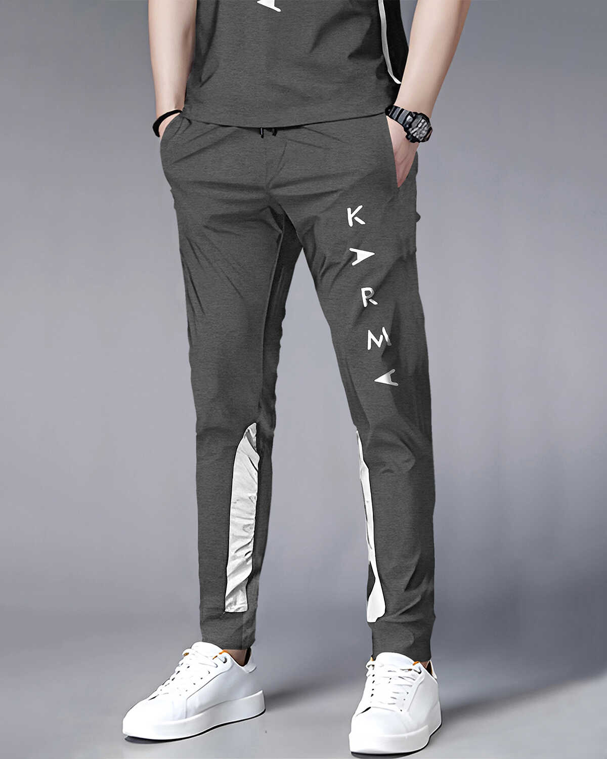 Tracksuit For Men Darkgrey Printed Half T-shirt & Darkgrey Printed Trackpant