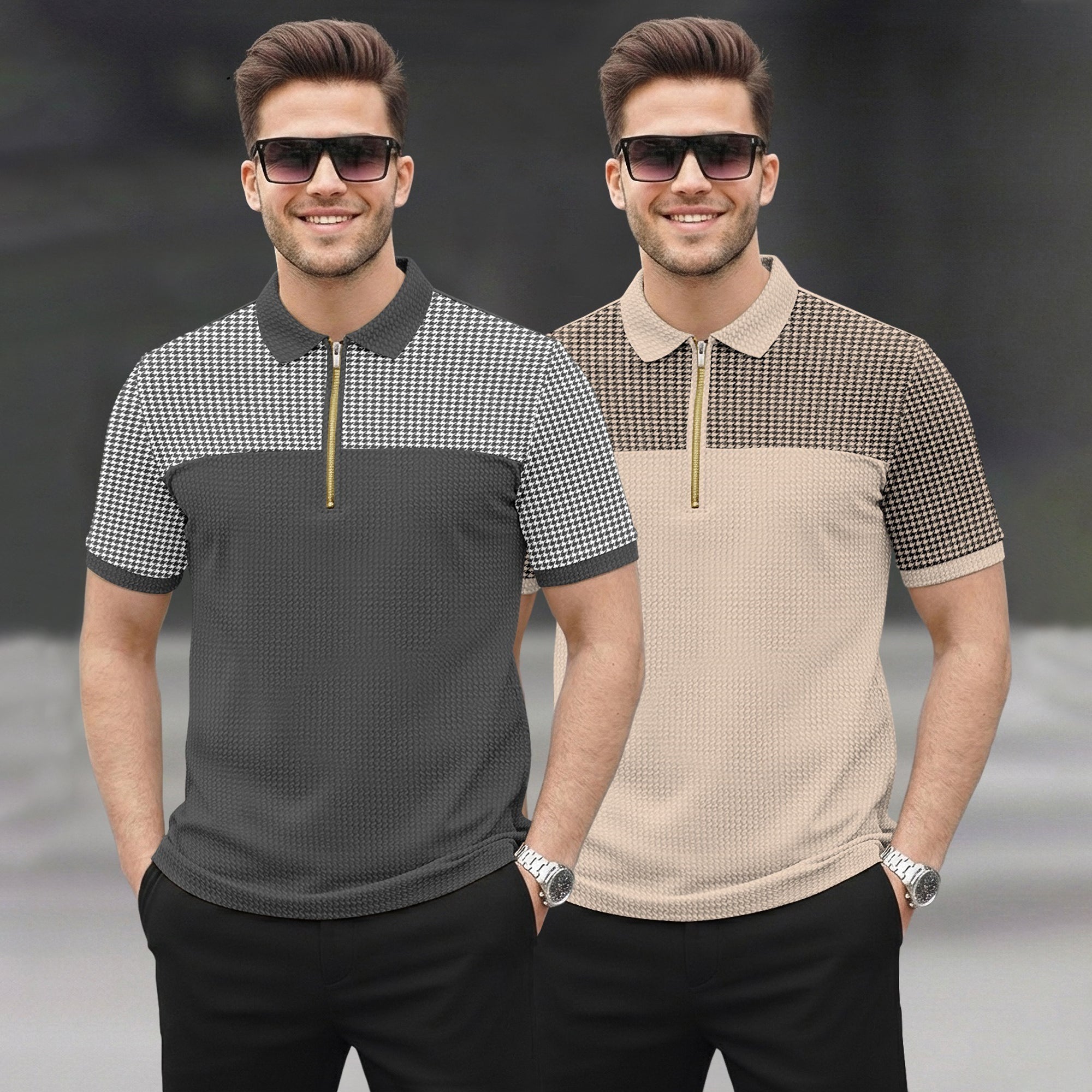 (Pack Of 2) Quarter Zip Polo Neck Printed Tshirts