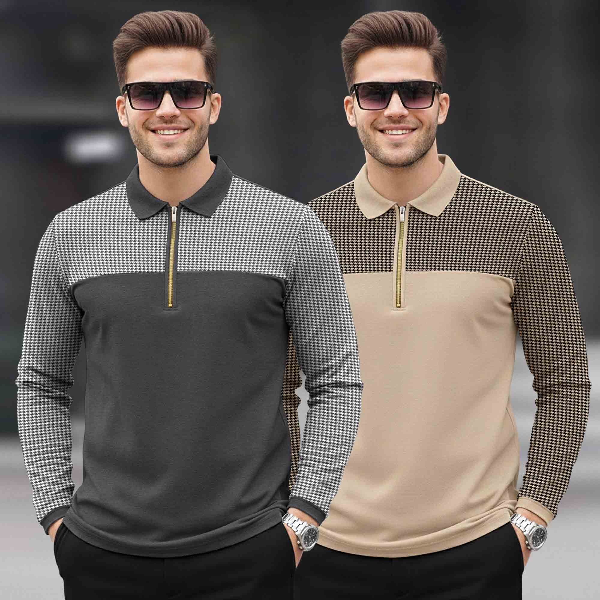 (Pack Of 2) Quarter Zip Polo Neck Vertical Striped Full Sleeve Combo Tshirts - 6 Variants