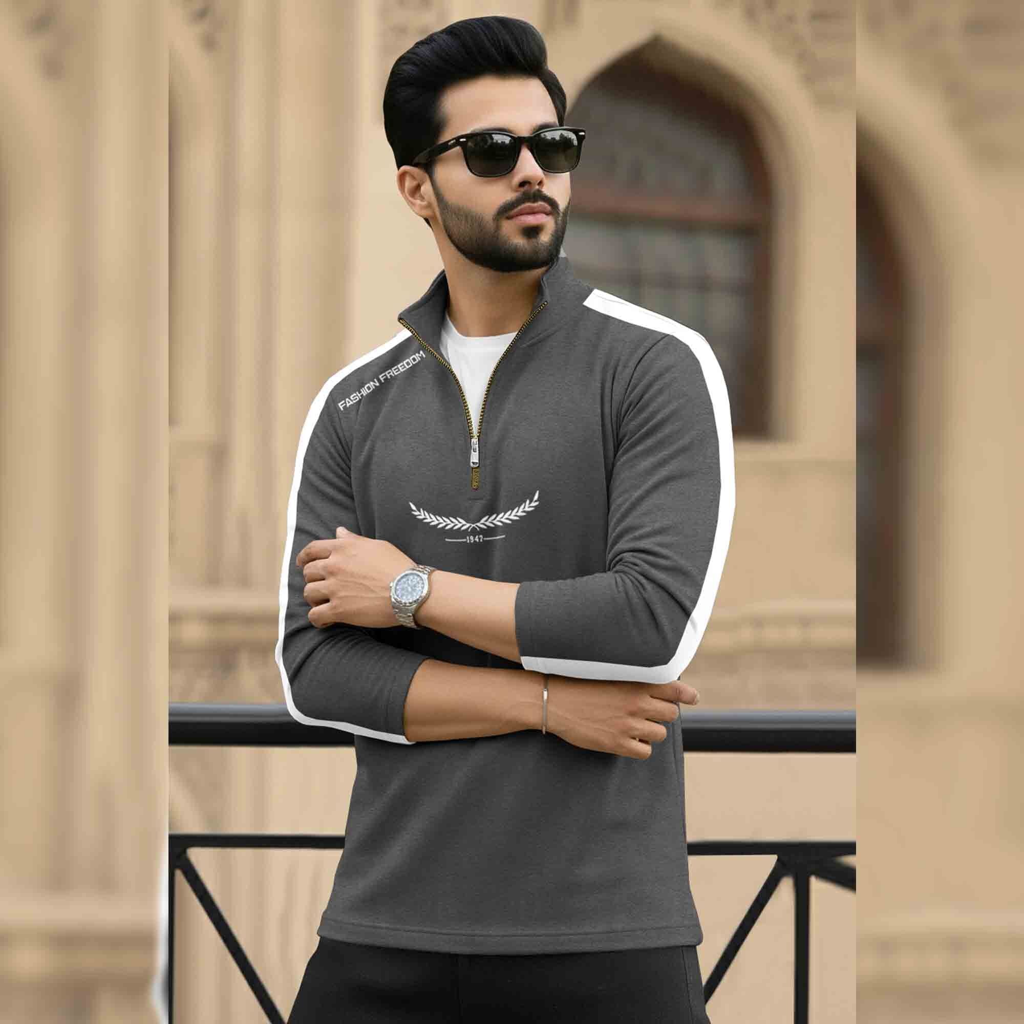 Men Full Sleeve High Neck Cotton Blend Darkgrey-White T-shirt
