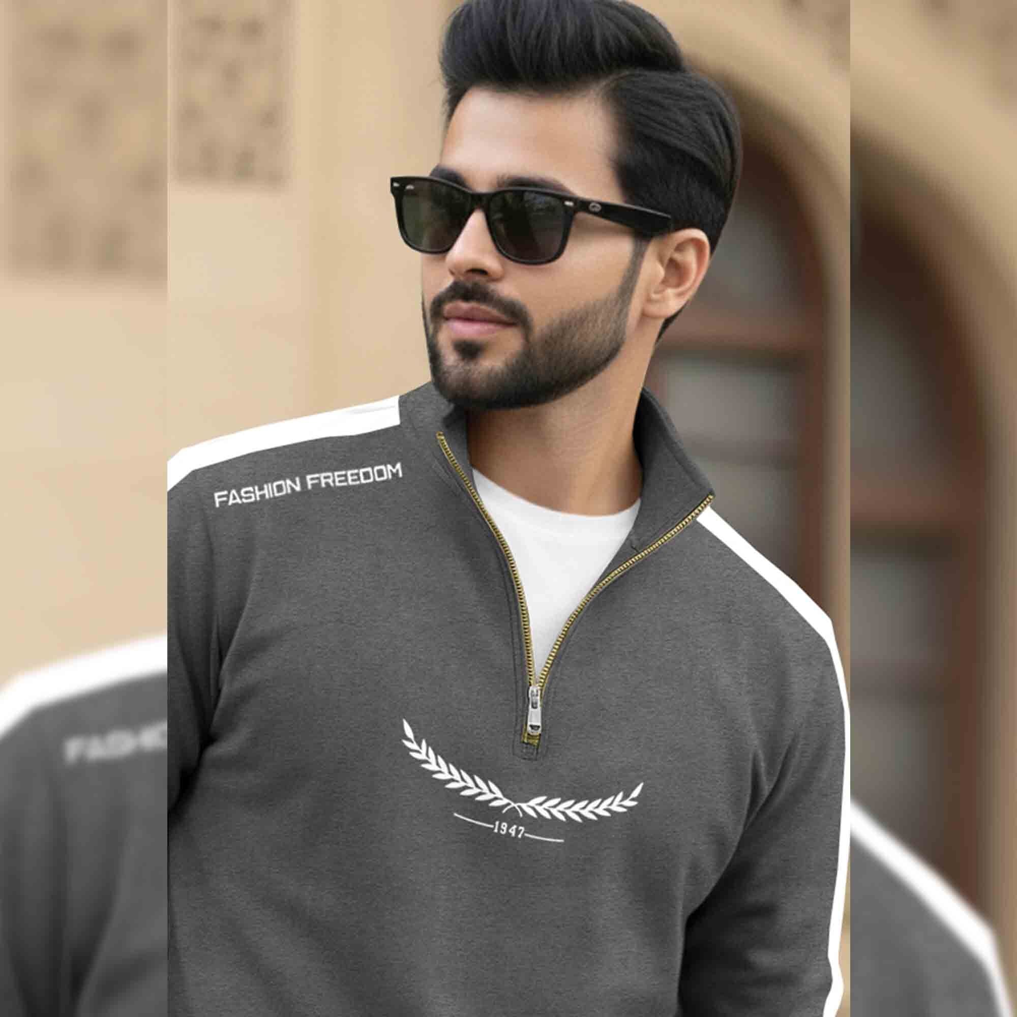 Men Full Sleeve High Neck Cotton Blend Darkgrey-White T-shirt