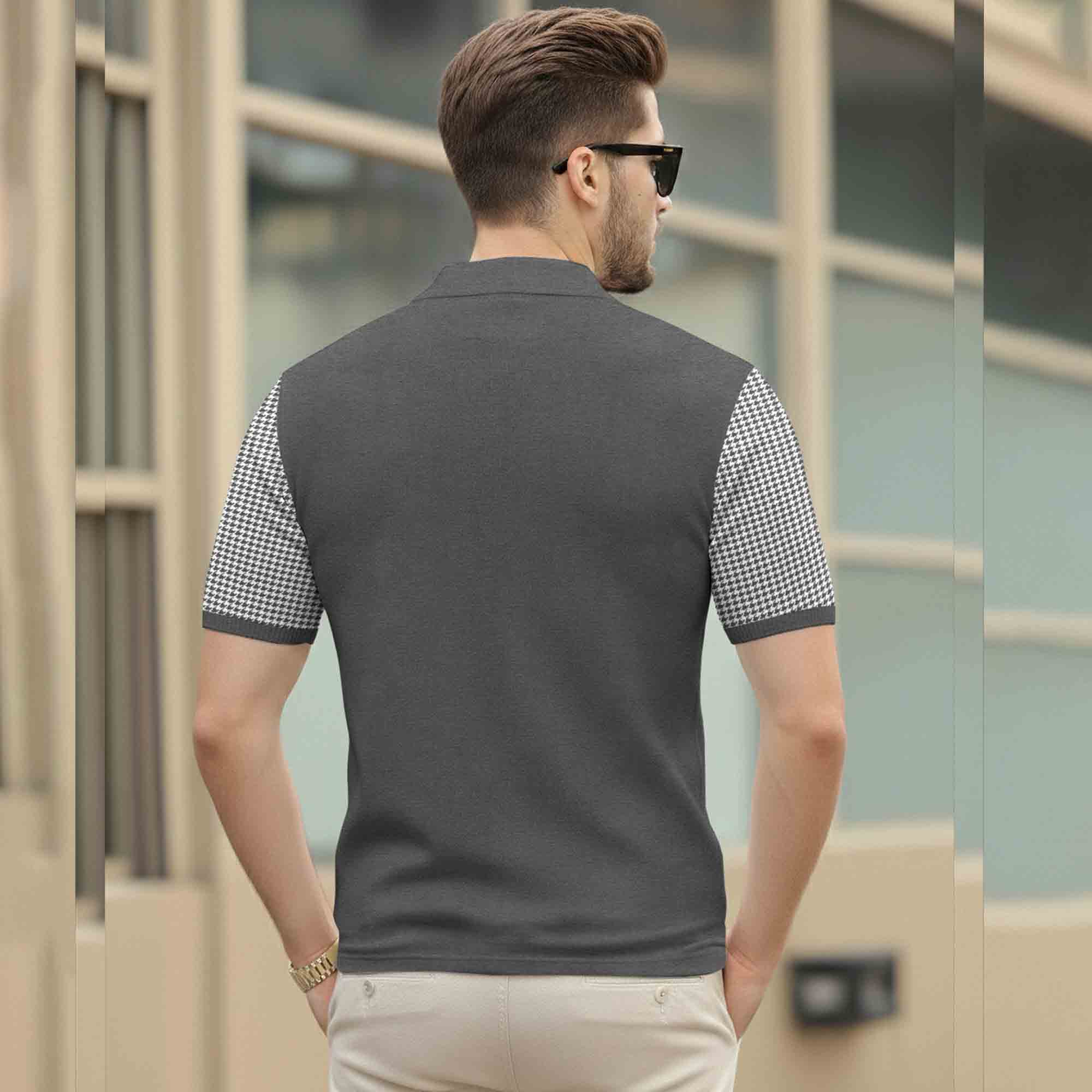 Quarter Zip Polo Neck Dual Color Printed Half Sleeve TSHIRT Darkgrey & White
