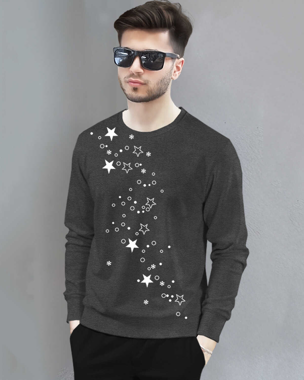 Men Full Sleeve Star Printed Round Neck T-Shirt / Dark Grey