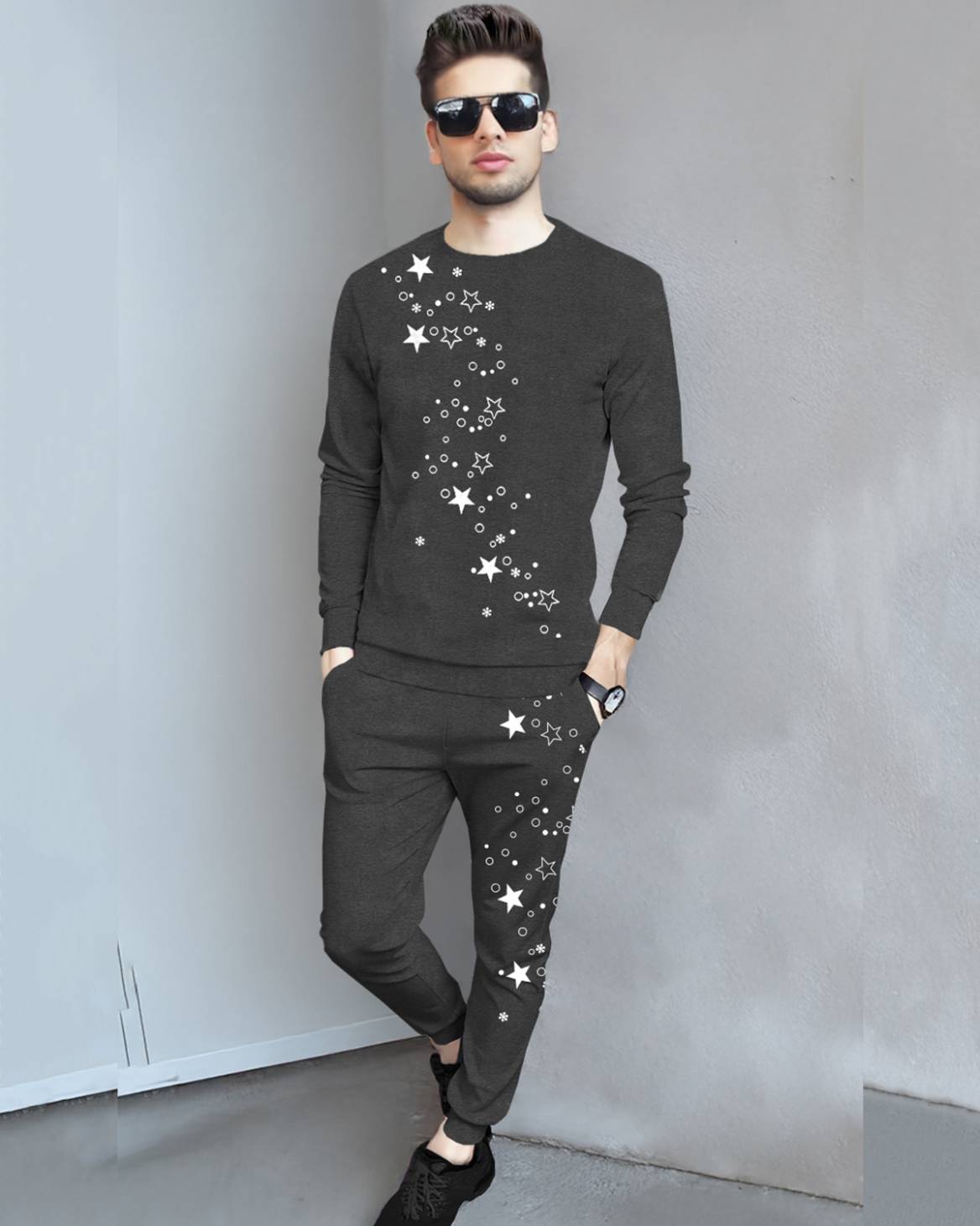 Tracksuit Full Sleeve Star Printed Darkgrey T-shirt / Darkgrey Printed Trackpant