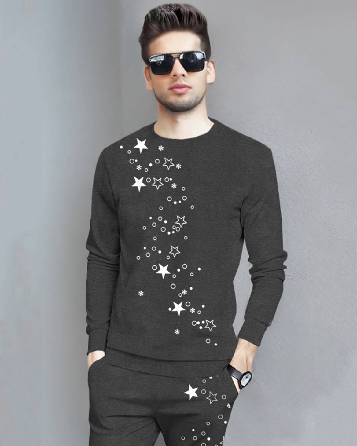 Tracksuit Full Sleeve Star Printed Darkgrey T-shirt / Darkgrey Printed Trackpant