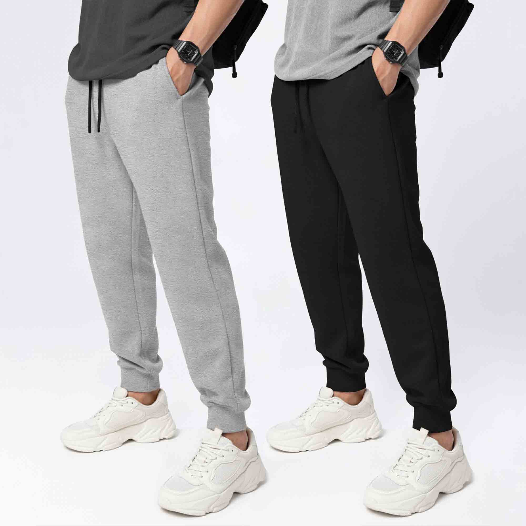 (Pack Of 2) Mens Cotton Blend Solid Grey & Black Trackpants