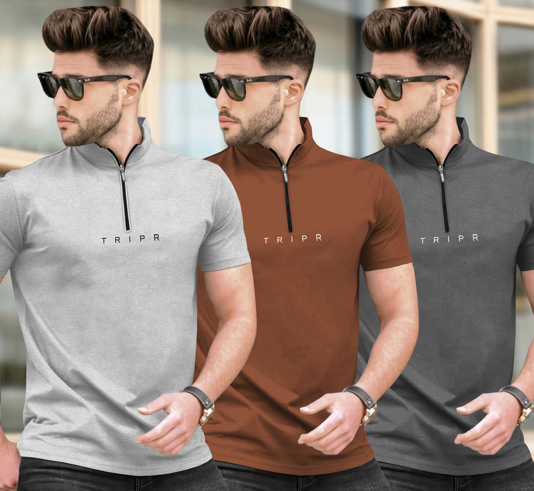 (Pack Of 3) High Neck Half Sleeve Plain T-shirts Multicolor