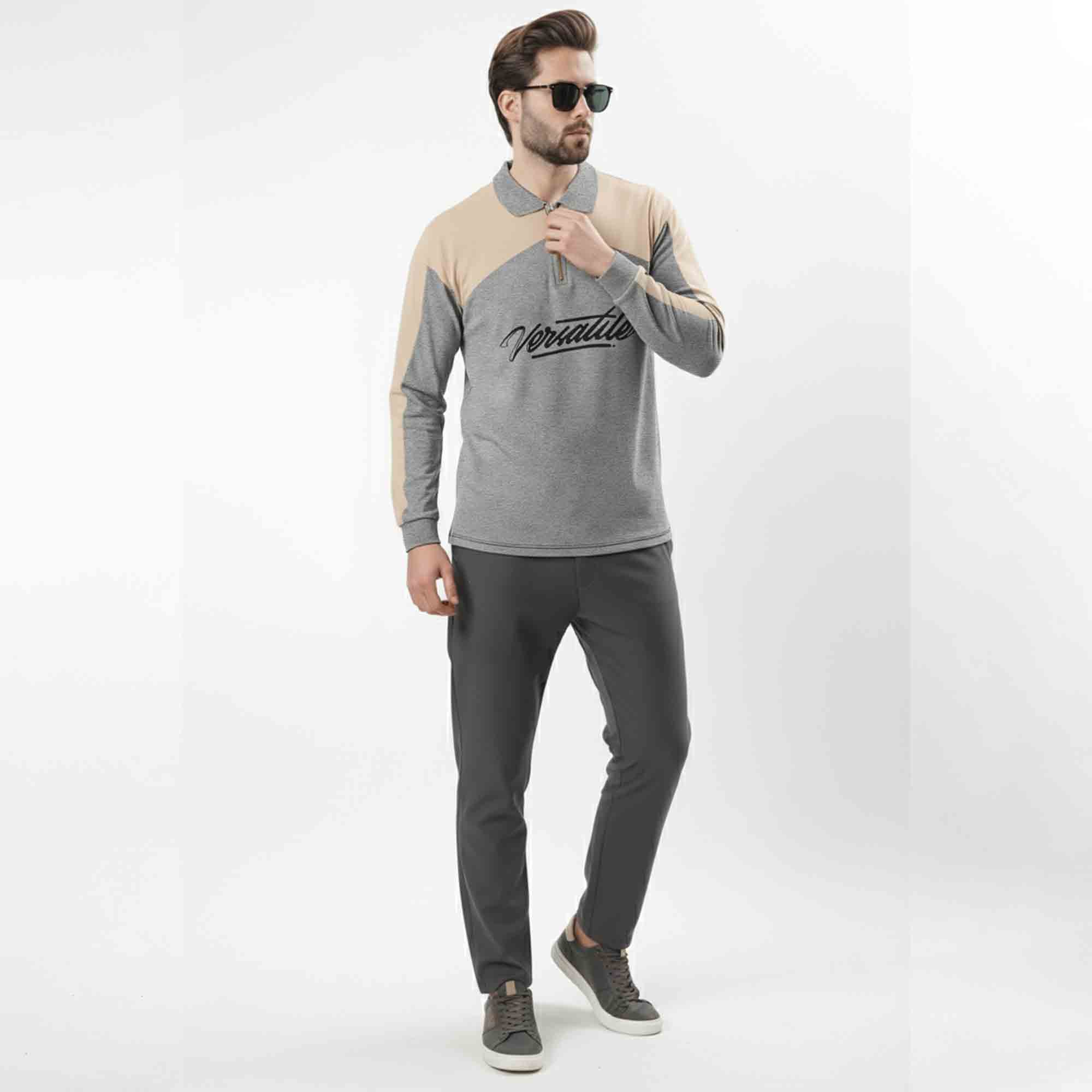 Men Colorblock Polo Neck Full Sleeve T-Shirt Grey & Beige