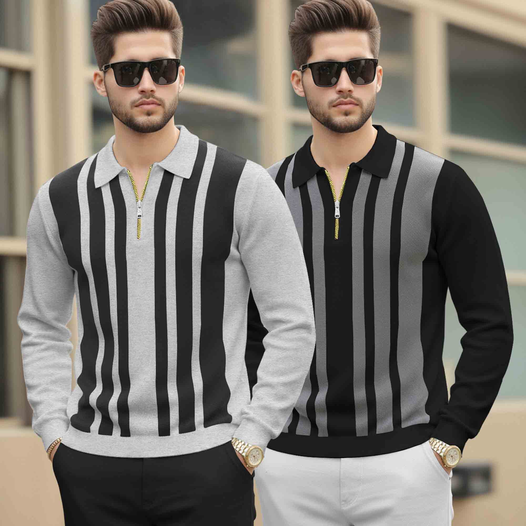 (Pack Of 2) Quarter Zip Polo Neck Vertical Striped Full Sleeve Combo Tshirts - 6 Variants