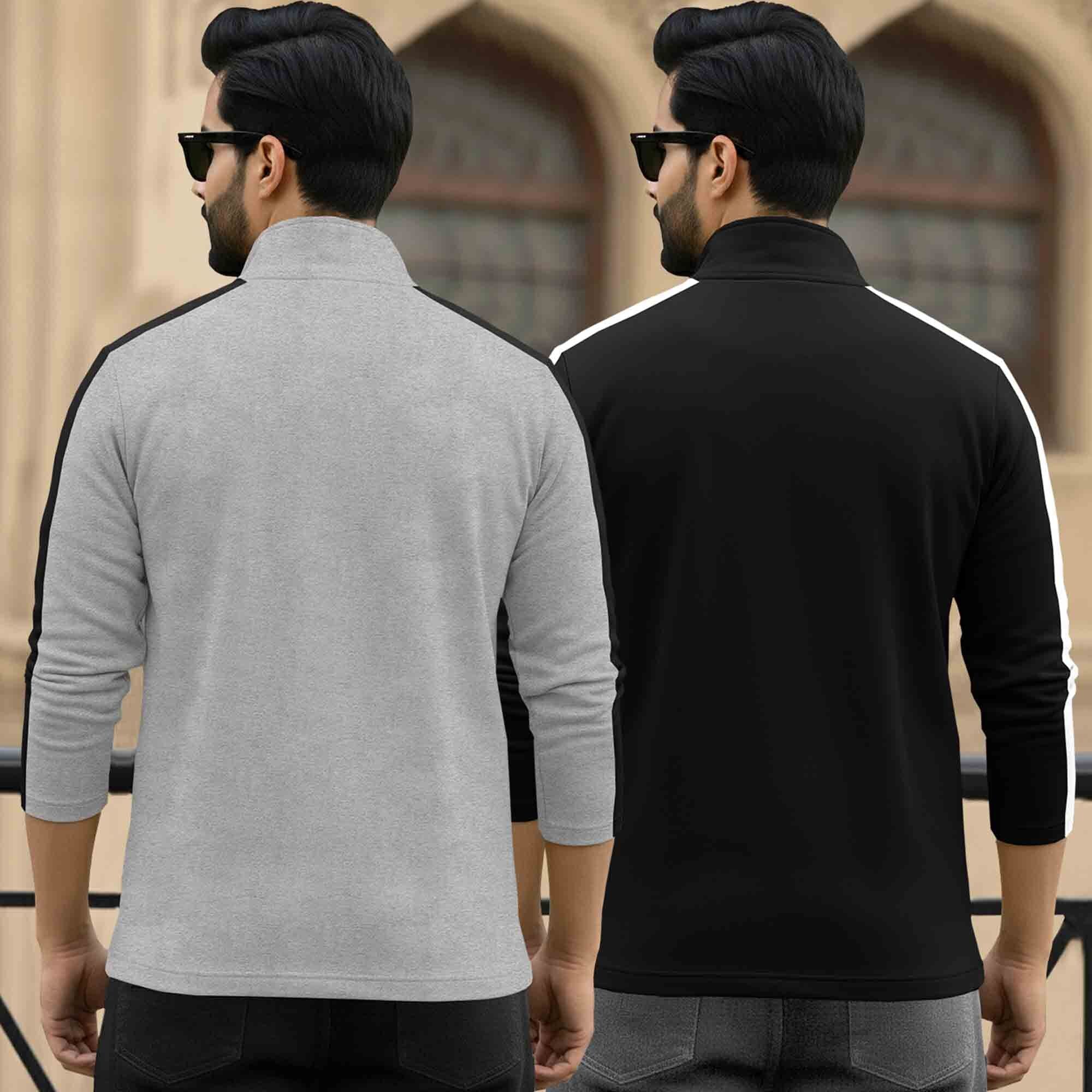 (Pack Of 2) Full Sleeve High Neck Quarter Zip Neck T-shirts Grey &Black