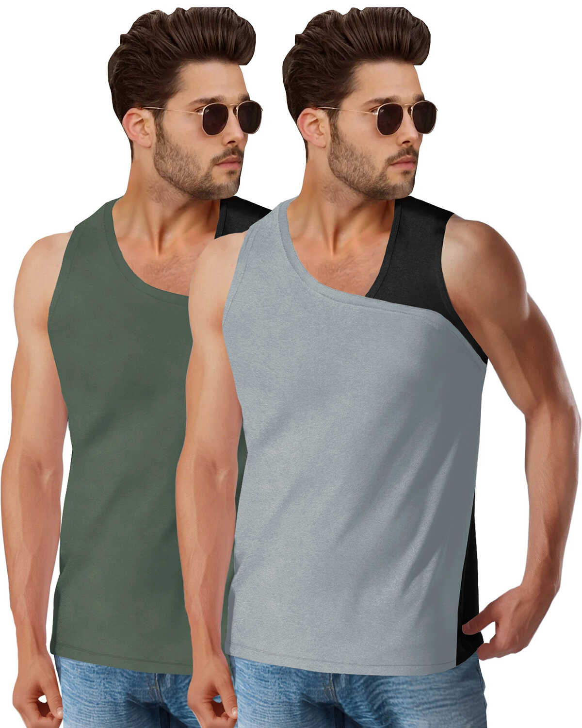 (Pack Of 2) Men Plain Combo Vest / Grey & Olivegreen