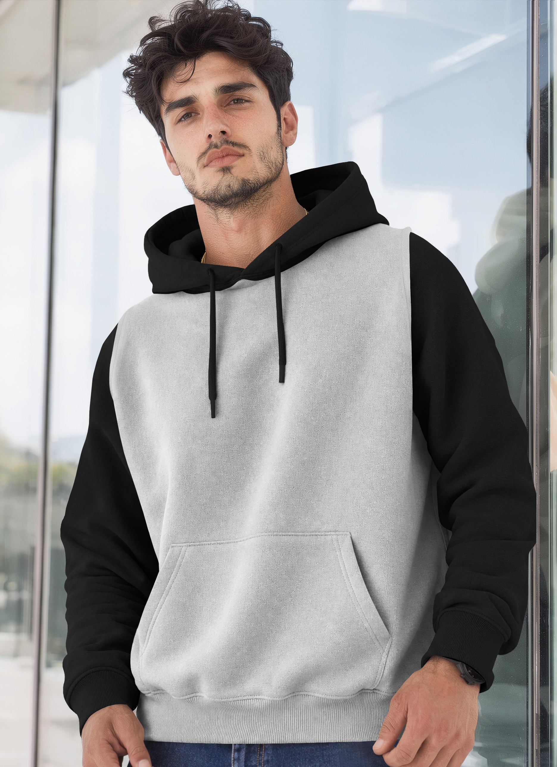 Mens Full Sleeve Two-Tone Casual Pullover Hoodie Grey