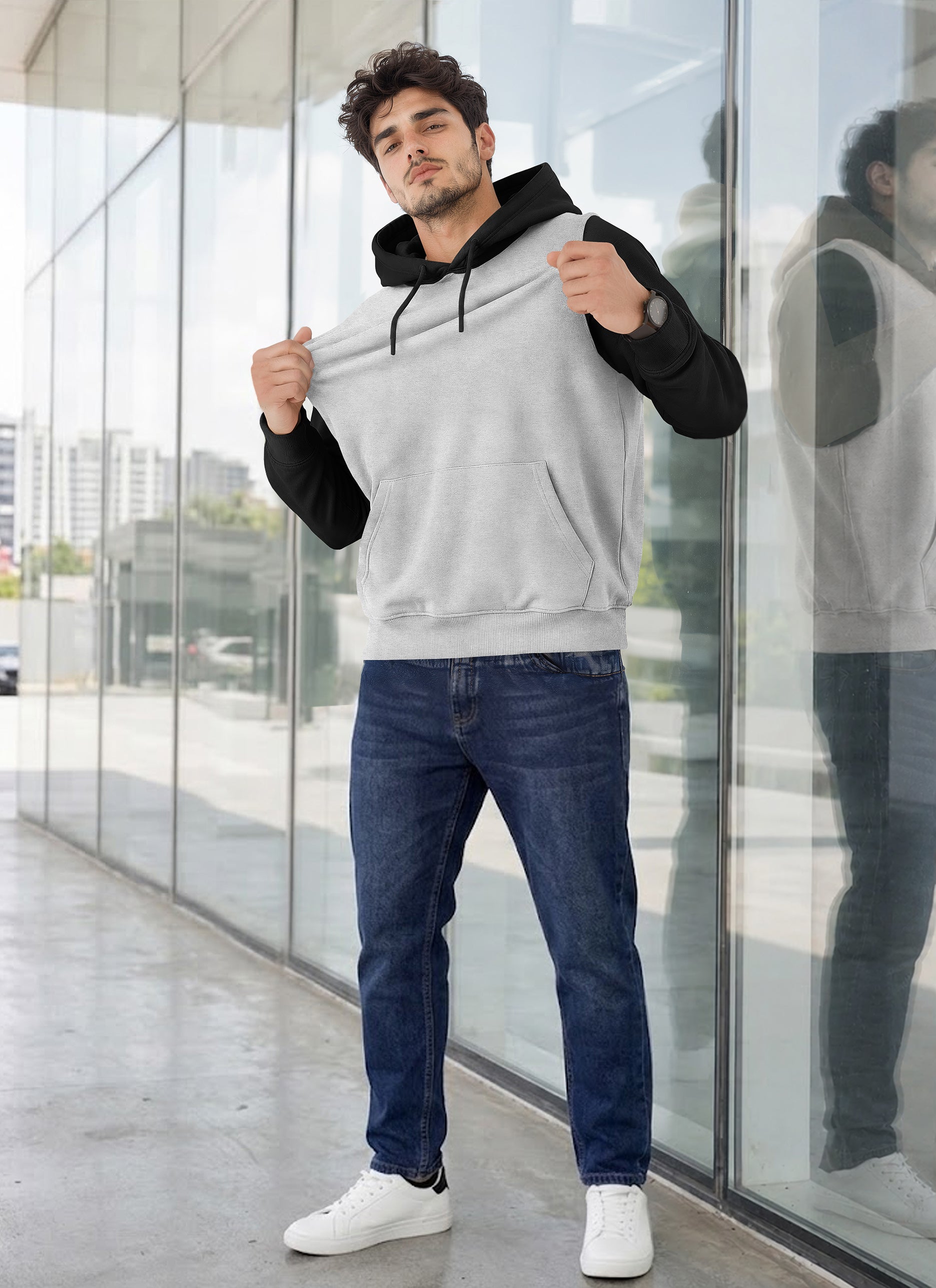 Mens Full Sleeve Two-Tone Casual Pullover Hoodie Grey