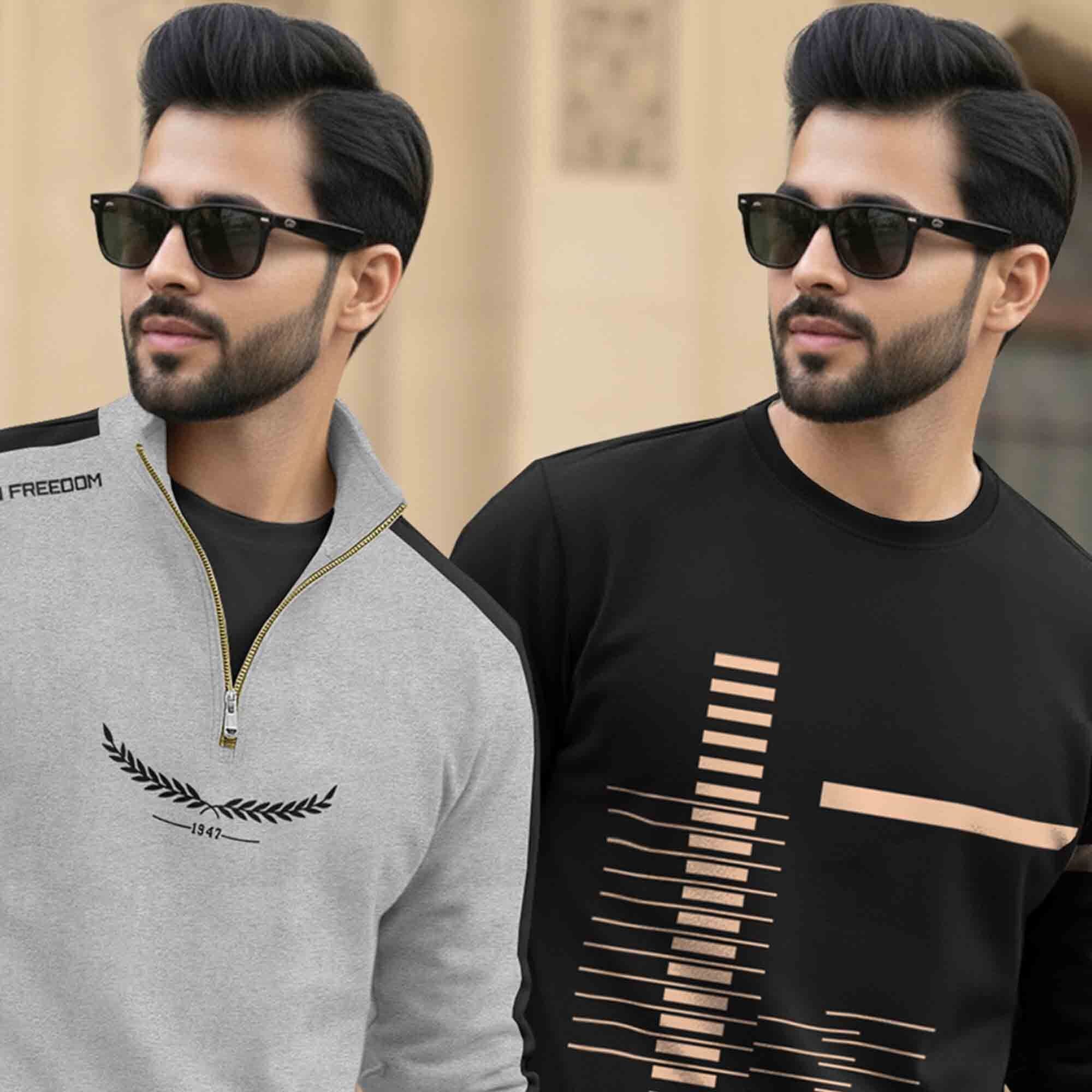 (Pack Of 2) Full Sleeve Printed T-shirts Grey & Black