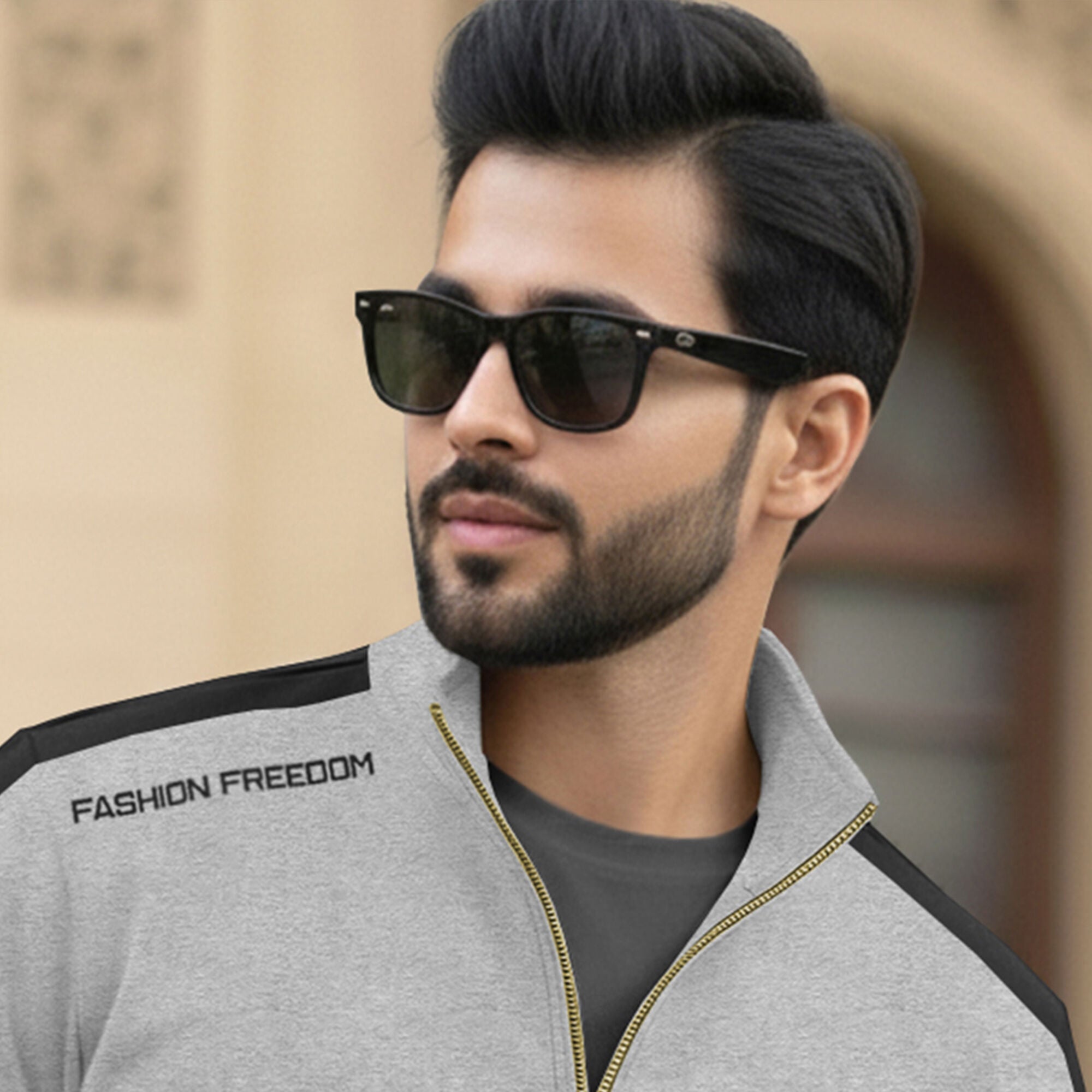 Men Full Sleeve Round Neck Cotton Blend Grey-Black T-Shirt