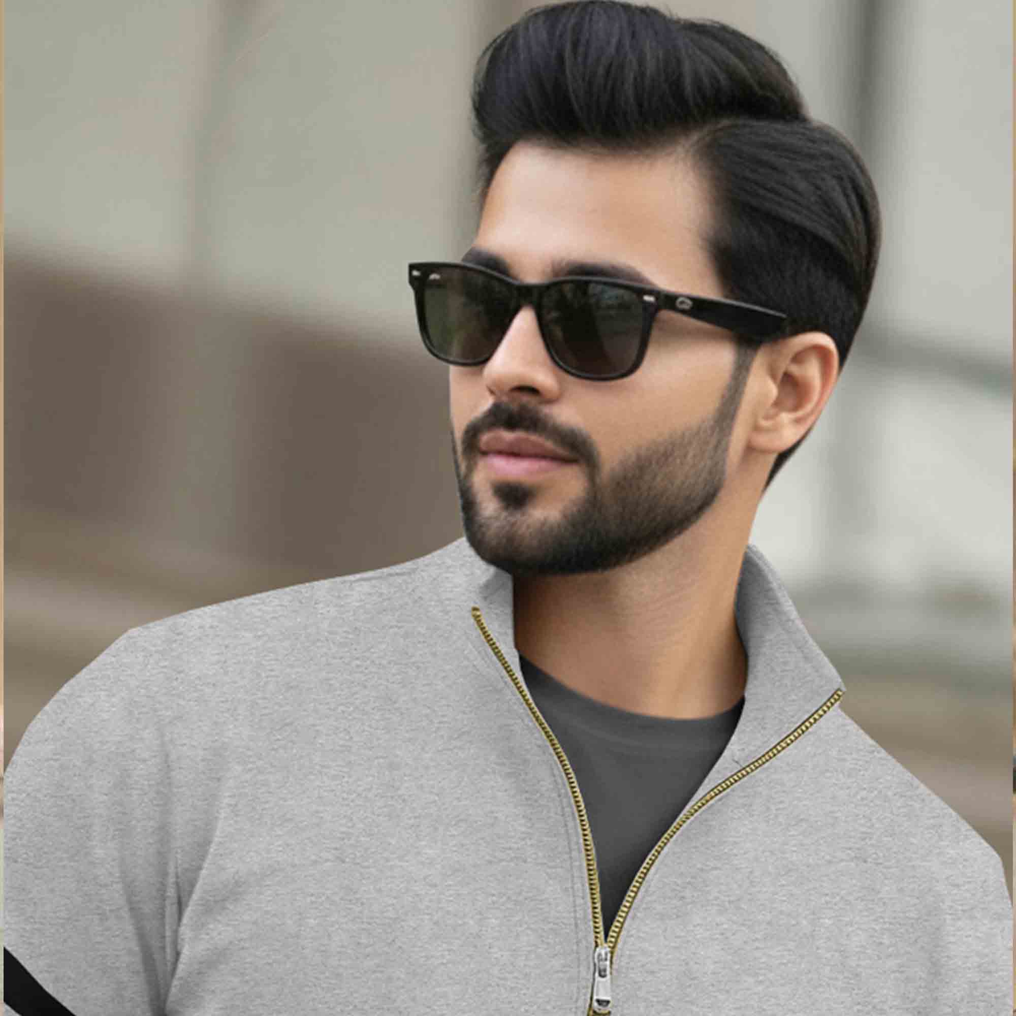 Men Full Sleeve High Neck Arm Striped Pause Printed T-shirt Grey
