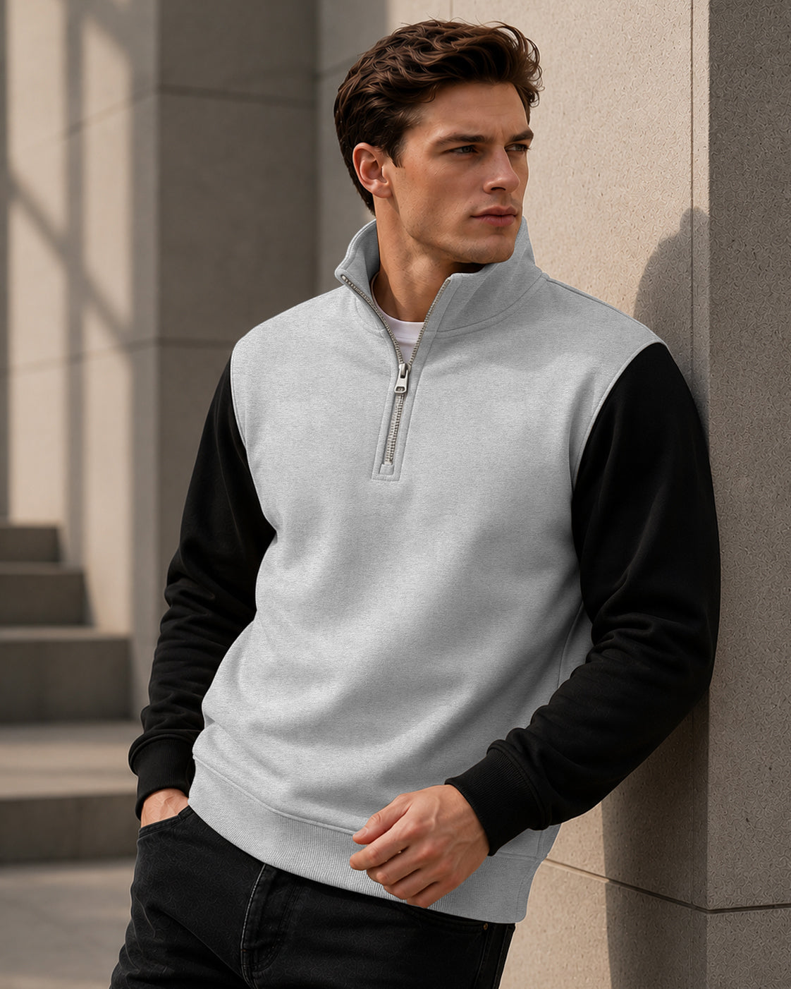 Colorblocked Quarter Zip Neck Full Sleeve Sweatshirt Grey