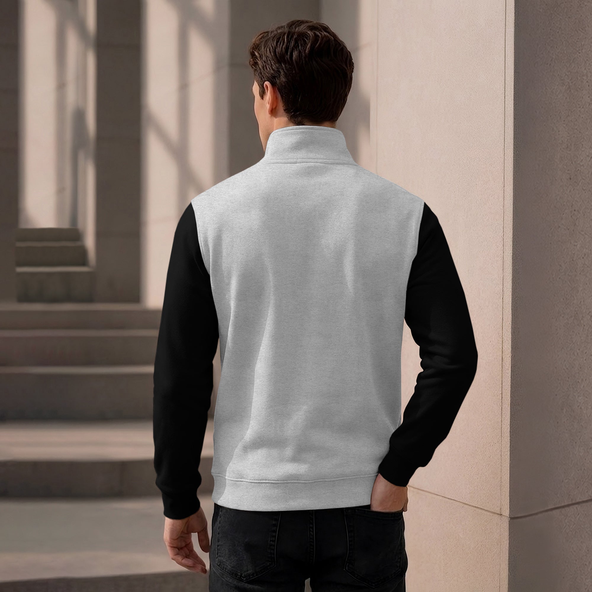 Colorblocked Quarter Zip Neck Full Sleeve Sweatshirt Grey