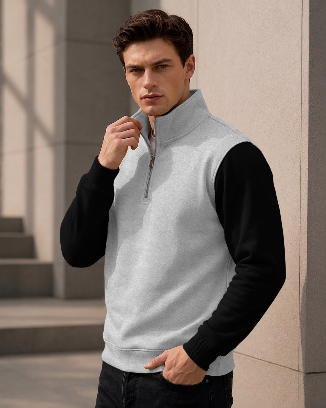 Colorblocked Quarter Zip Neck Full Sleeve Sweatshirt Grey