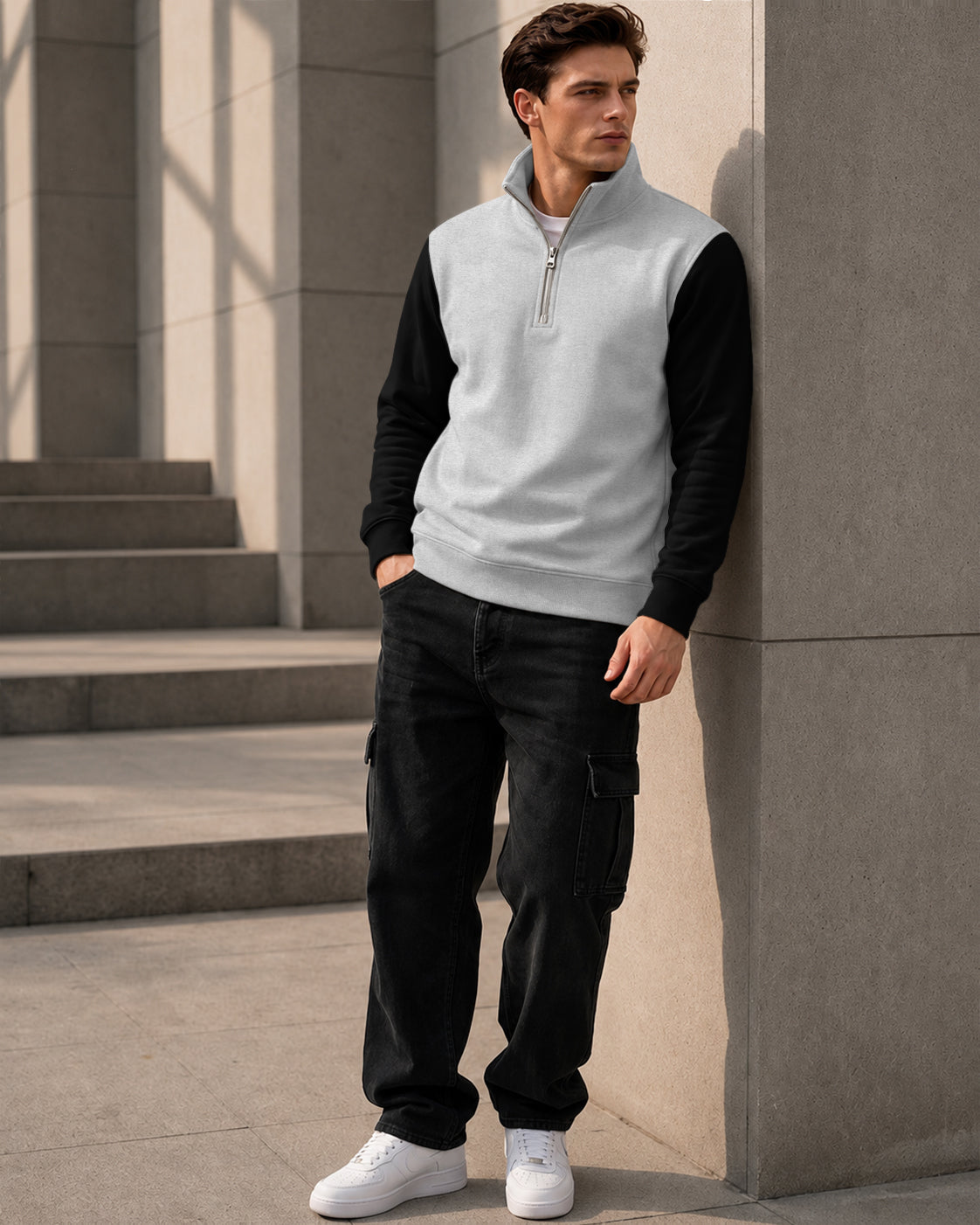 Colorblocked Quarter Zip Neck Full Sleeve Sweatshirt Grey