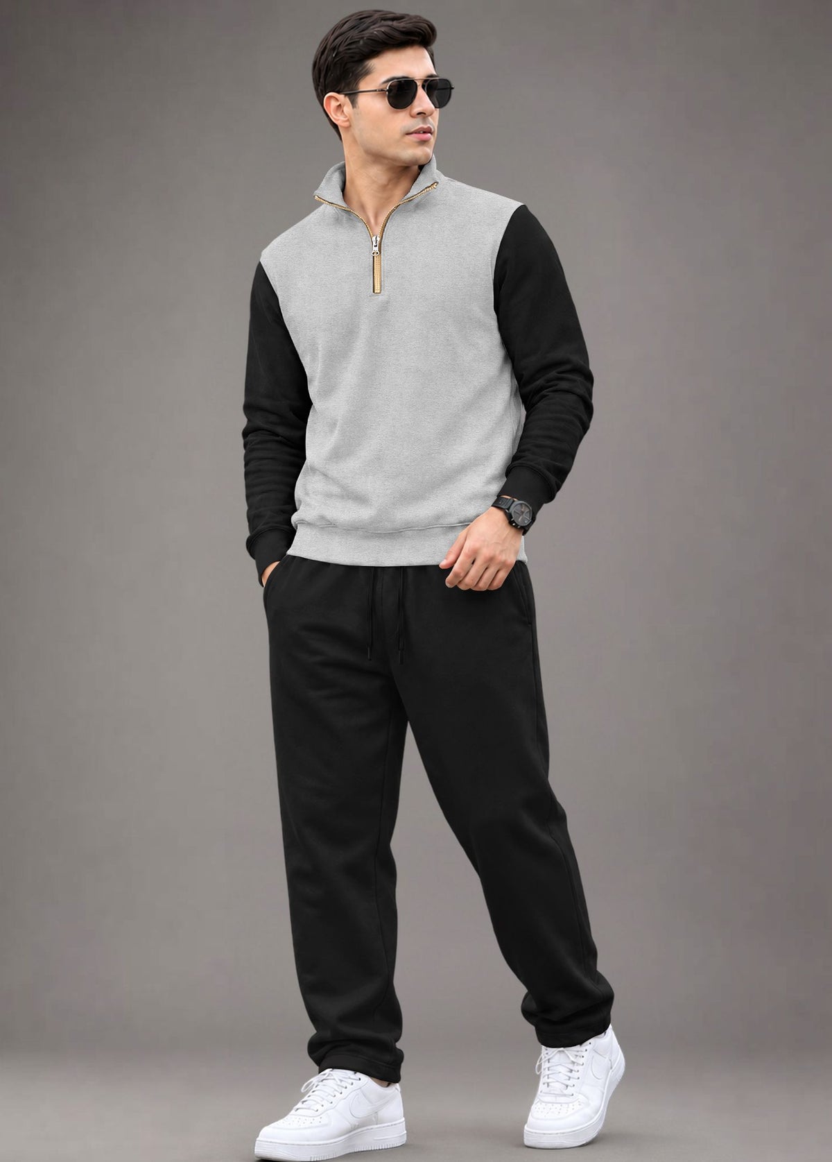 Outfit Set Men Coloblock Sweatshirt & Loose Fit Plain Trackpant