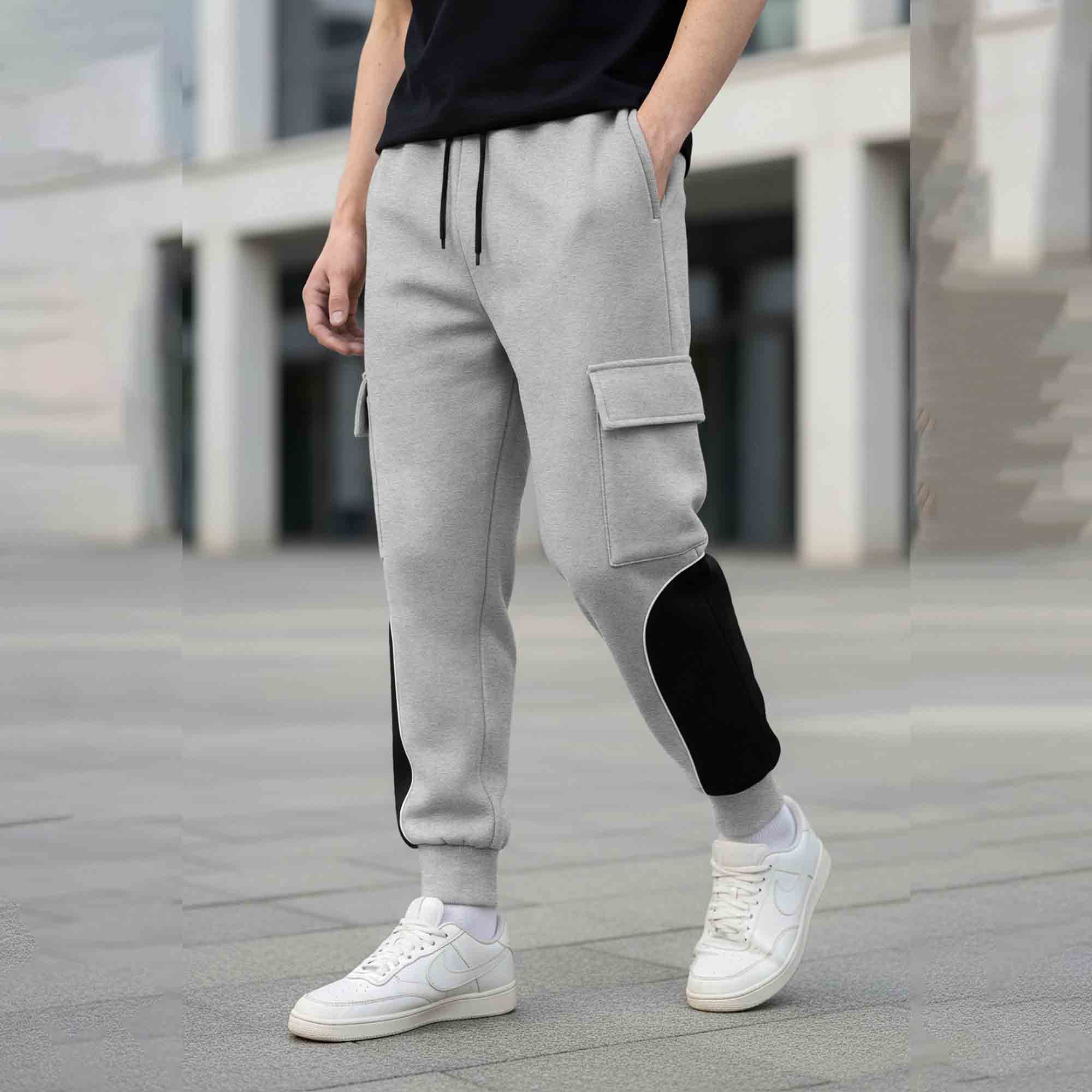 Colorblocked Multipockets Cargo Jogger Grey & Black
