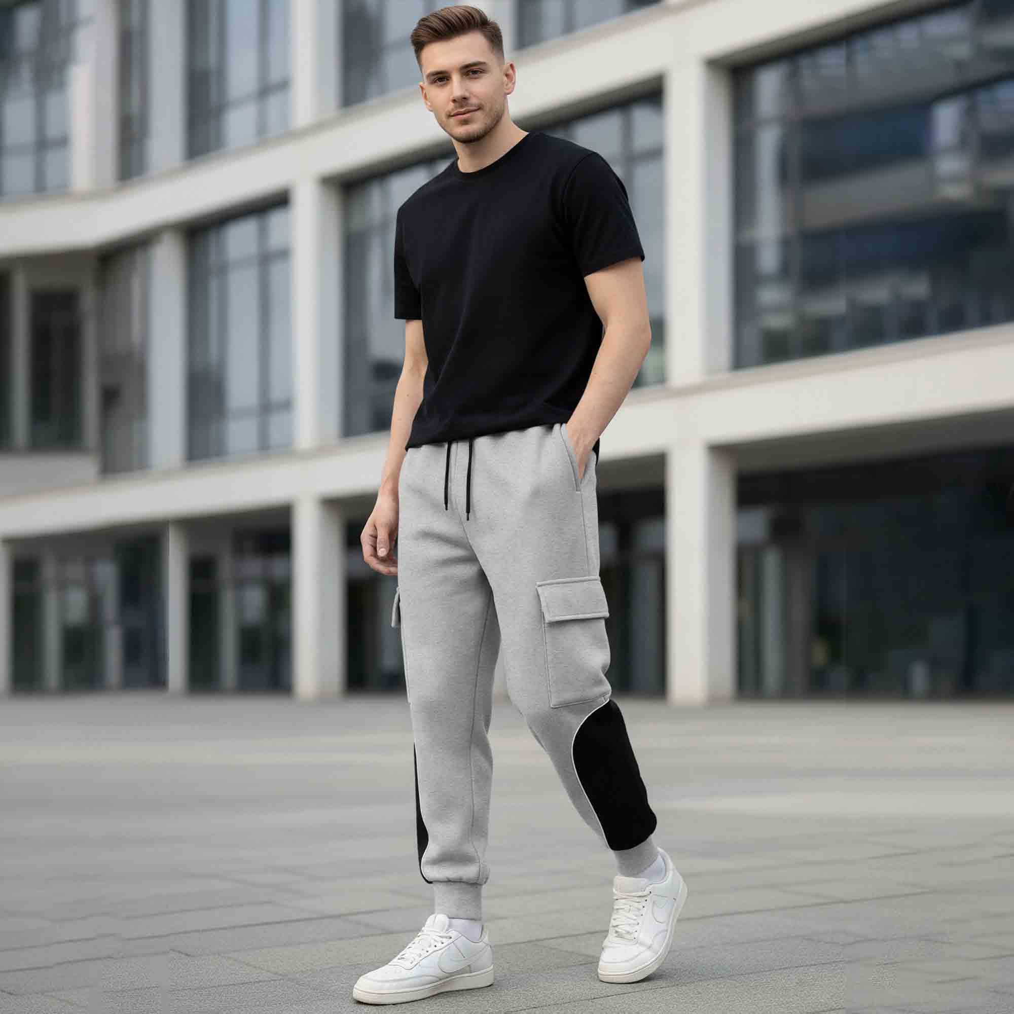 Colorblocked Multipockets Cargo Jogger Grey & Black