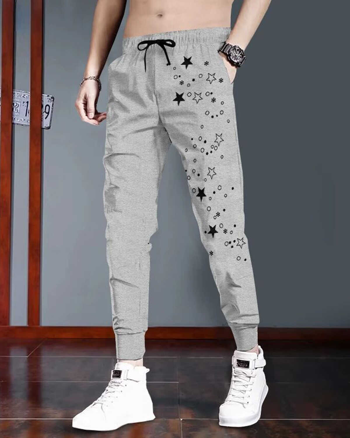 Men Star Printed Grey & Black Cuffed Trackpant