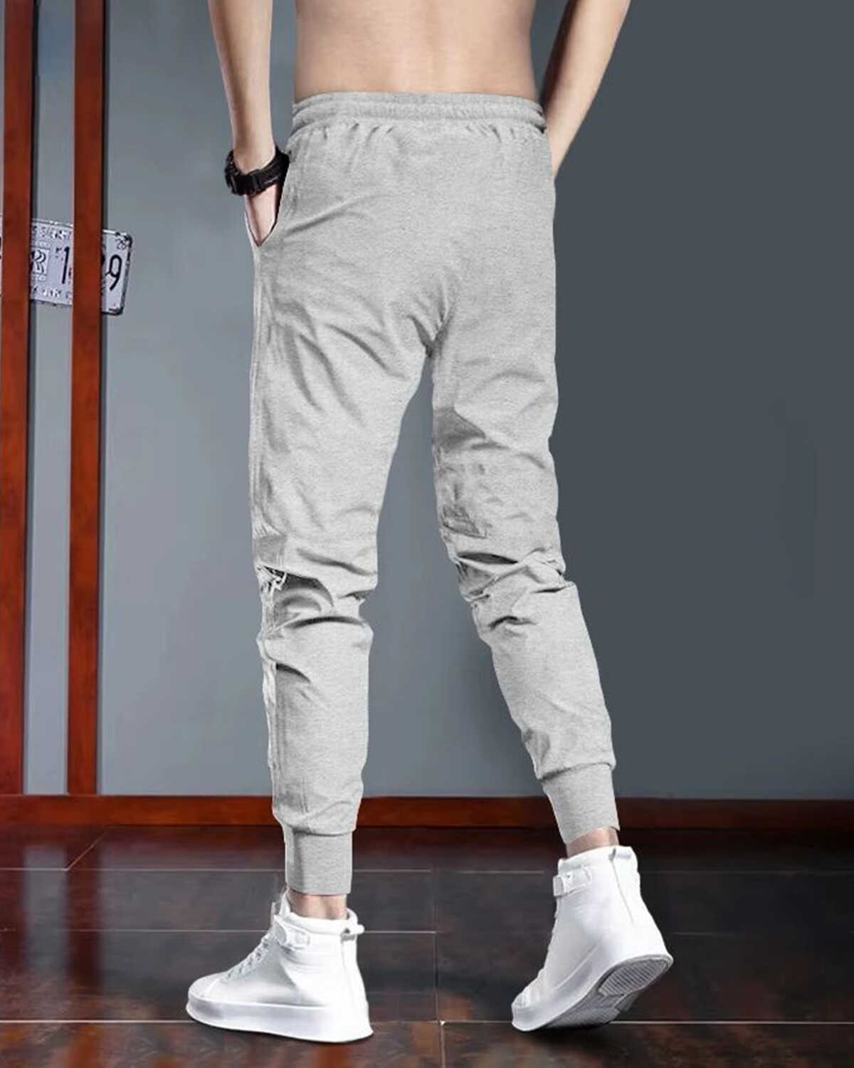 Men Star Printed Grey & Black Cuffed Trackpant
