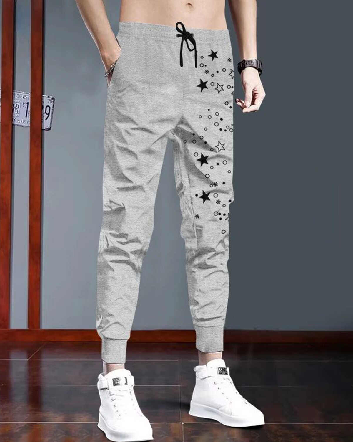 Men Star Printed Grey & Black Cuffed Trackpant