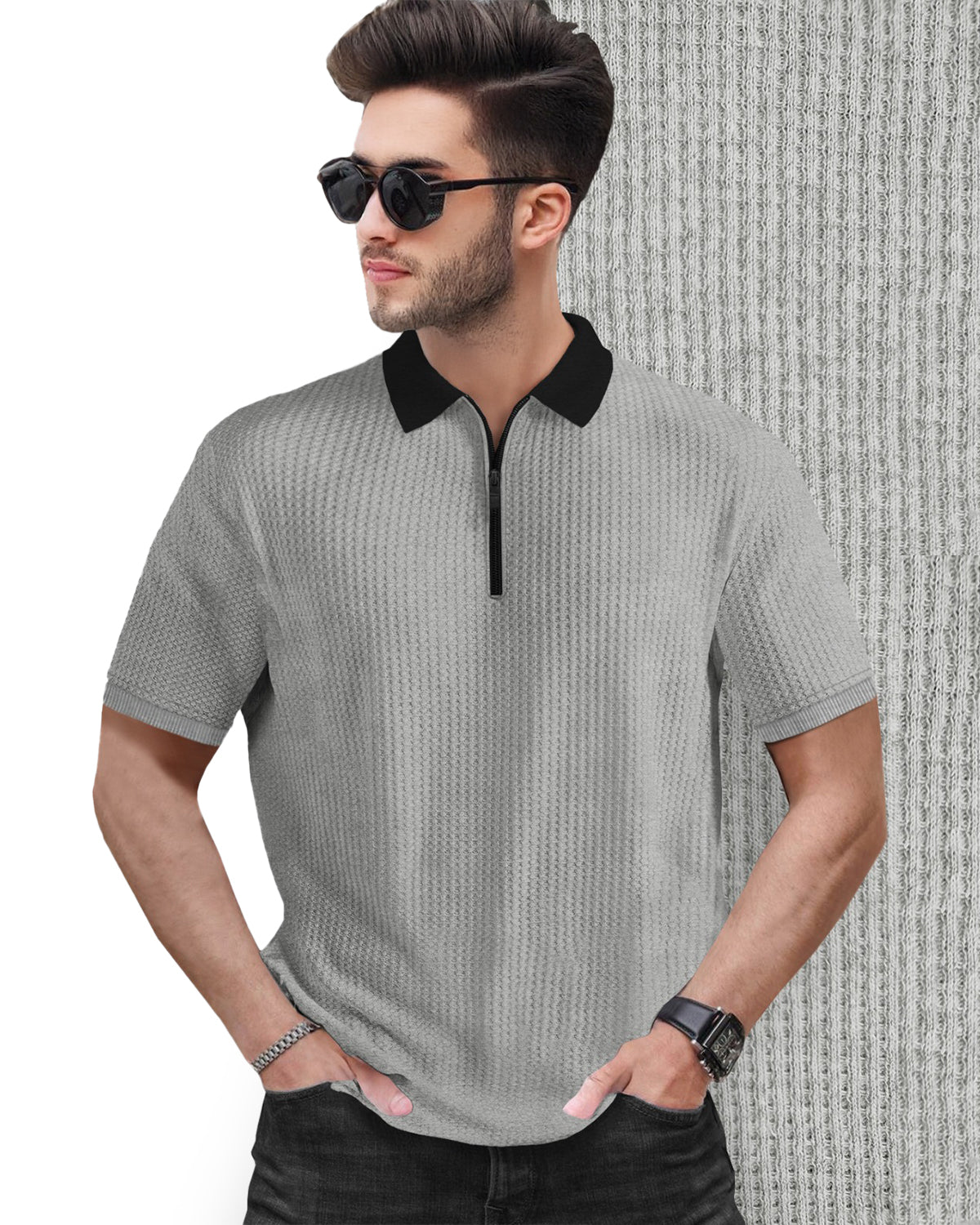 Polo Collar Grey Black Contrast Waffle Textured T-shirt