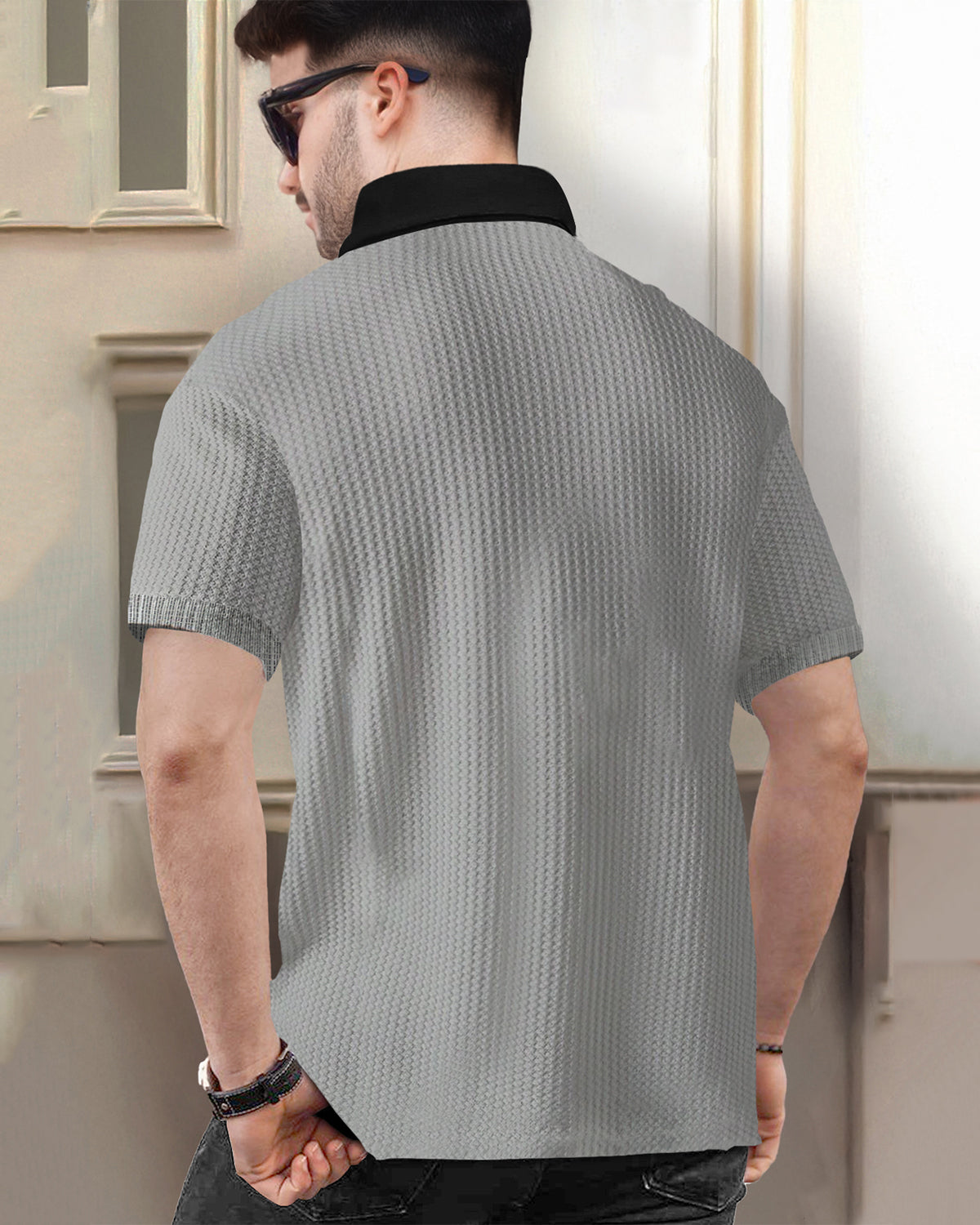Polo Collar Grey Black Contrast Waffle Textured T-shirt