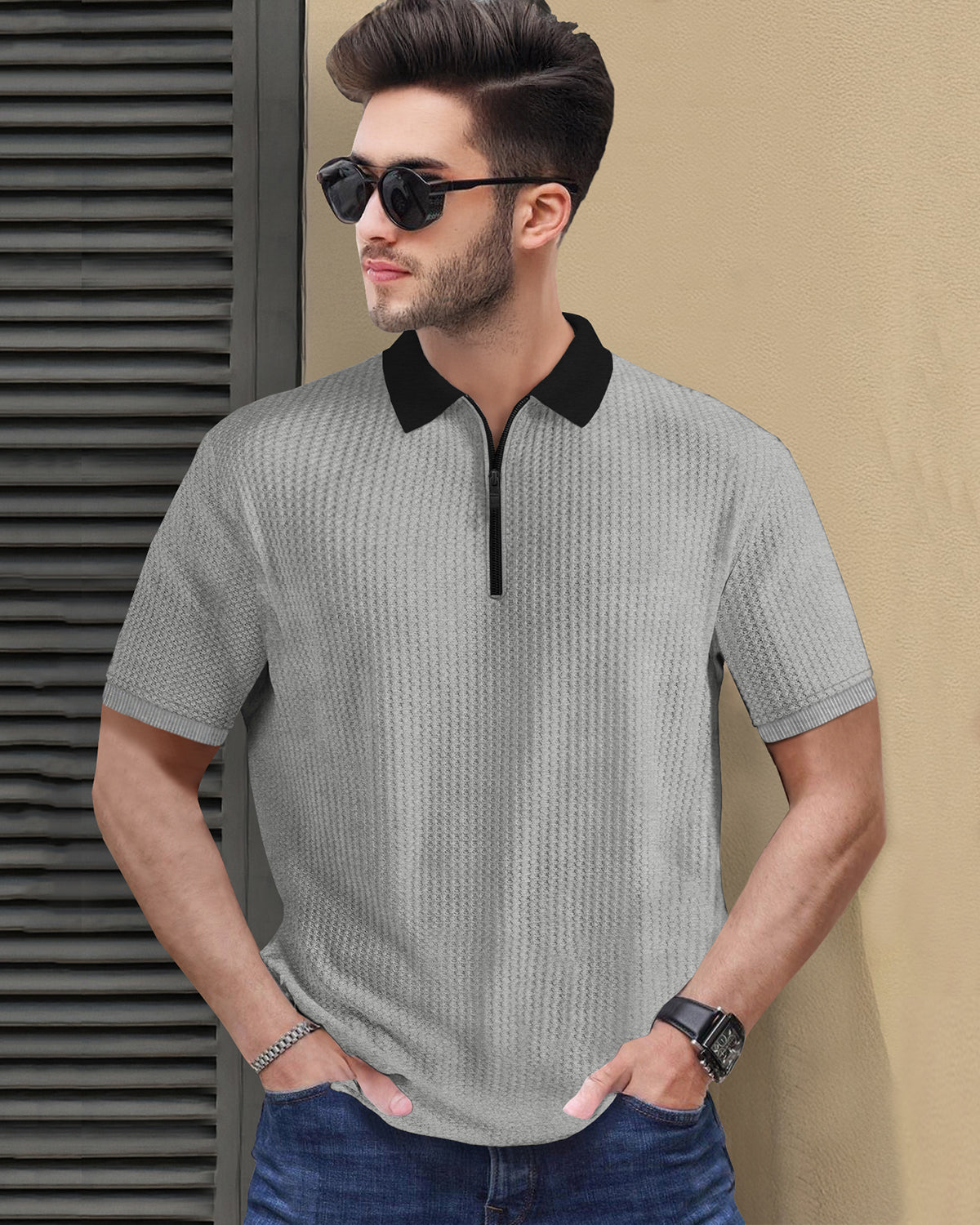 Polo Half Sleeve Contrast Colors Waffle Textured Tshirts 6 Variants