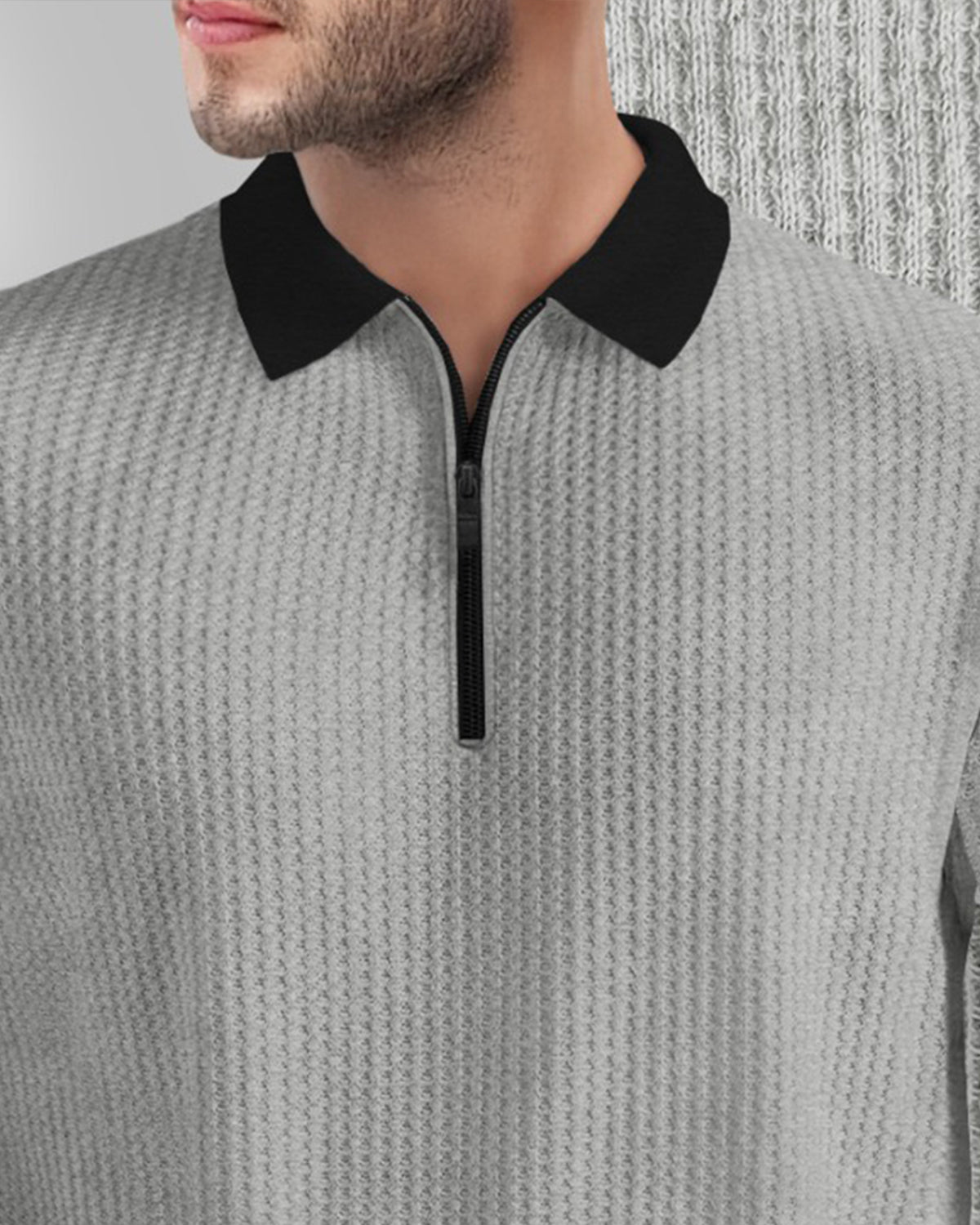 Polo Collar Grey Black Contrast Waffle Textured T-shirt