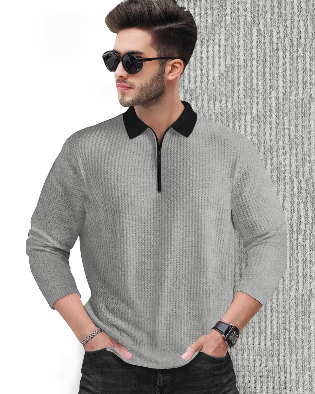 Polo Collar Grey Black Contrast Waffle Textured Full Sleeve T-shirt