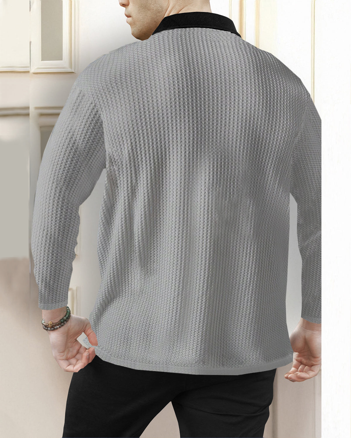 Polo Collar Grey Black Contrast Waffle Textured Full Sleeve T-shirt