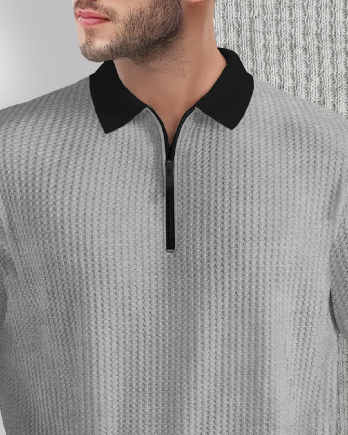 Polo Collar Grey Black Contrast Waffle Textured Full Sleeve T-shirt