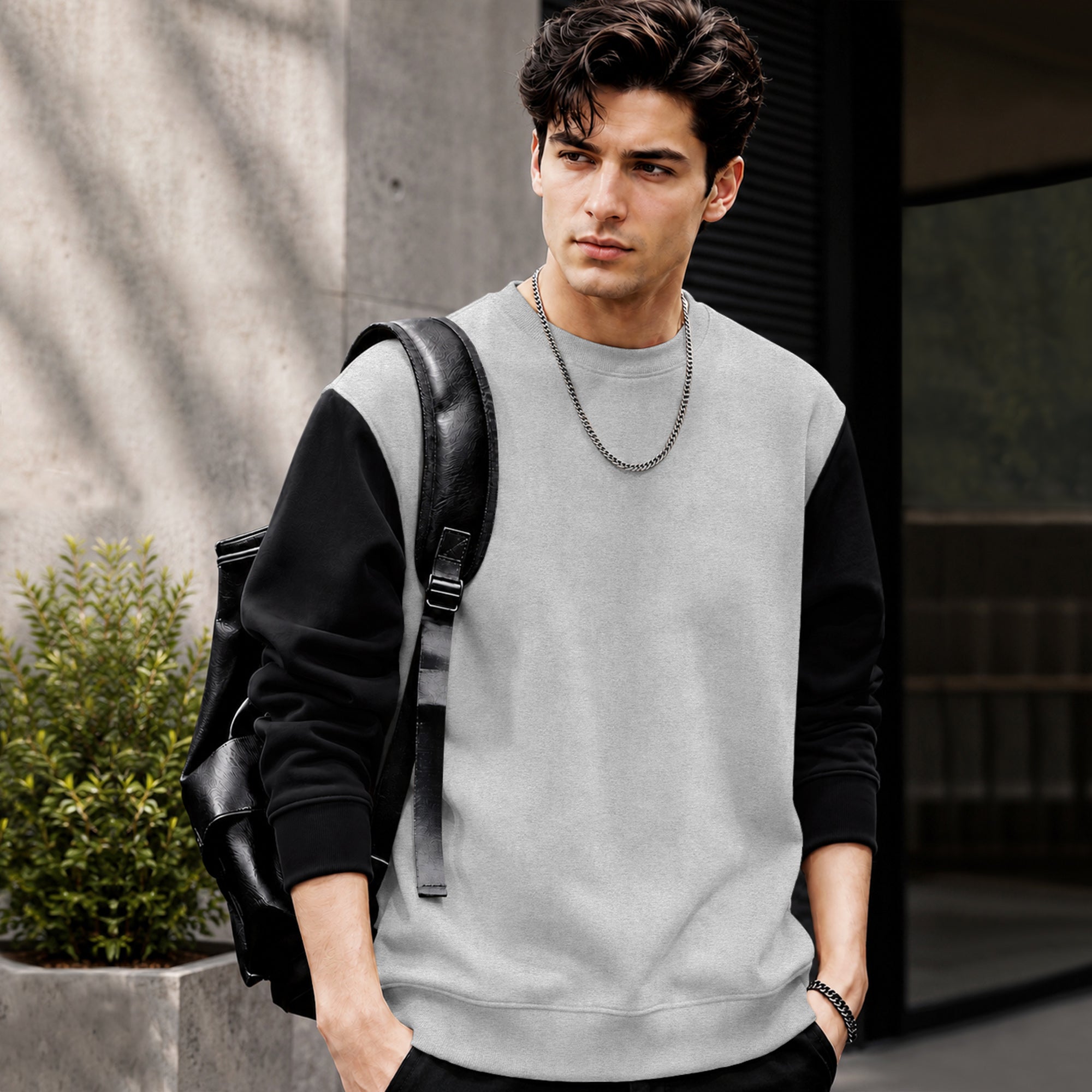 Mens Contrast Sleeve Round Neck Sweatshirt Grey
