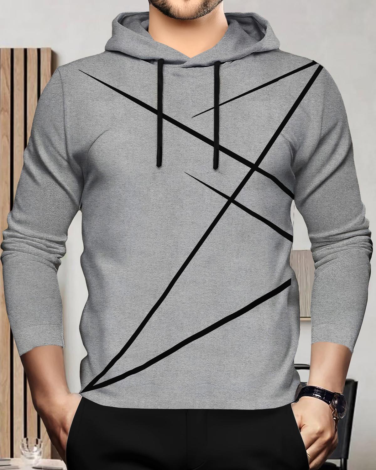 Men Full Sleeve Zig Zag Printed Hooded T-shirt / Grey