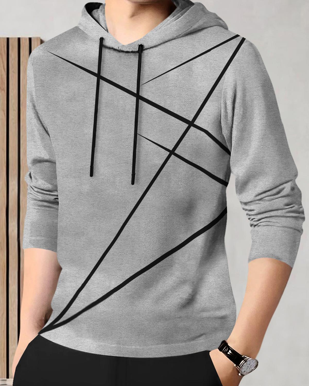 Men Full Sleeve Zig Zag Printed Hooded T-shirt / Grey