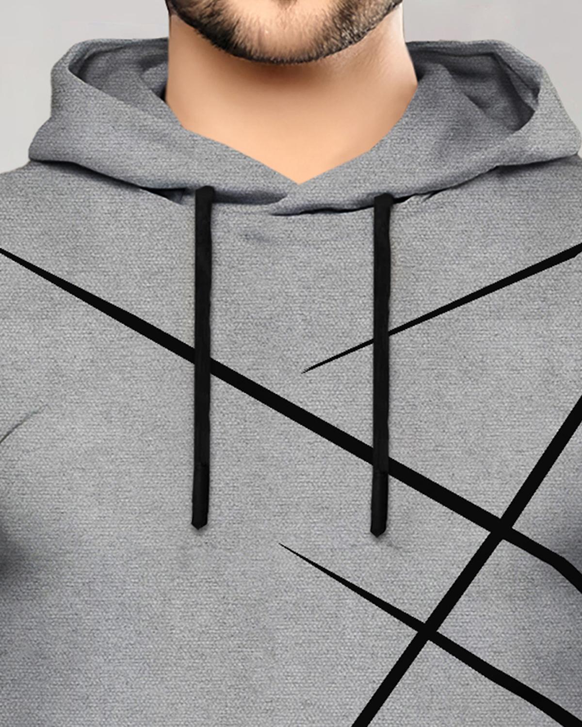 Men Full Sleeve Zig Zag Printed Hooded T-shirt / Grey
