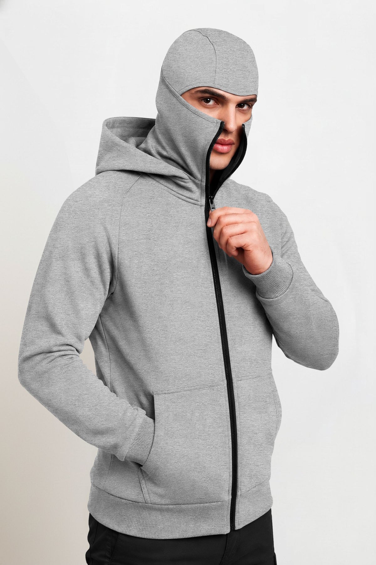 Full Sleeve Hooded Neck Mask Jacket Grey