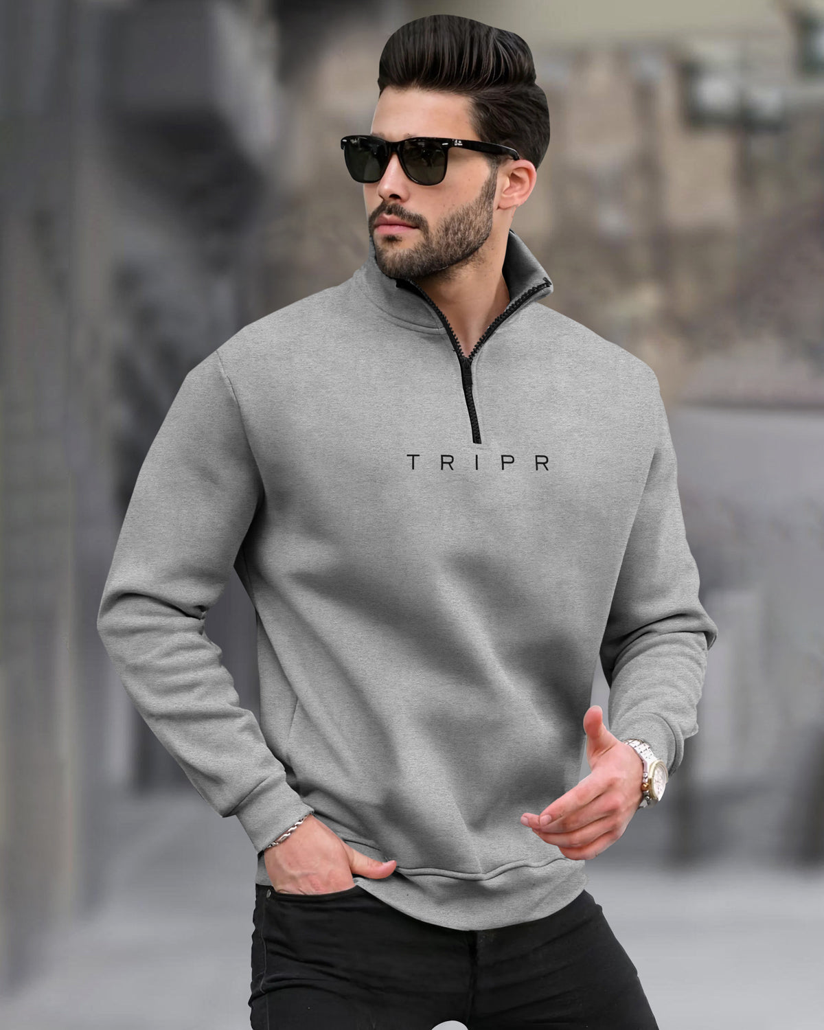 Men Zip-Top High Neck Grey Sweatshirt – TRIPR - Main Image