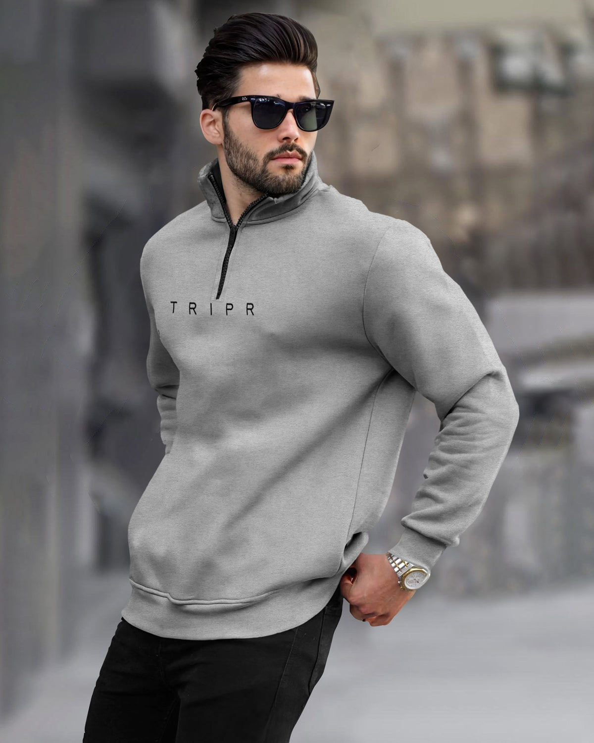 Men Zip-Top High Neck Grey Sweatshirt