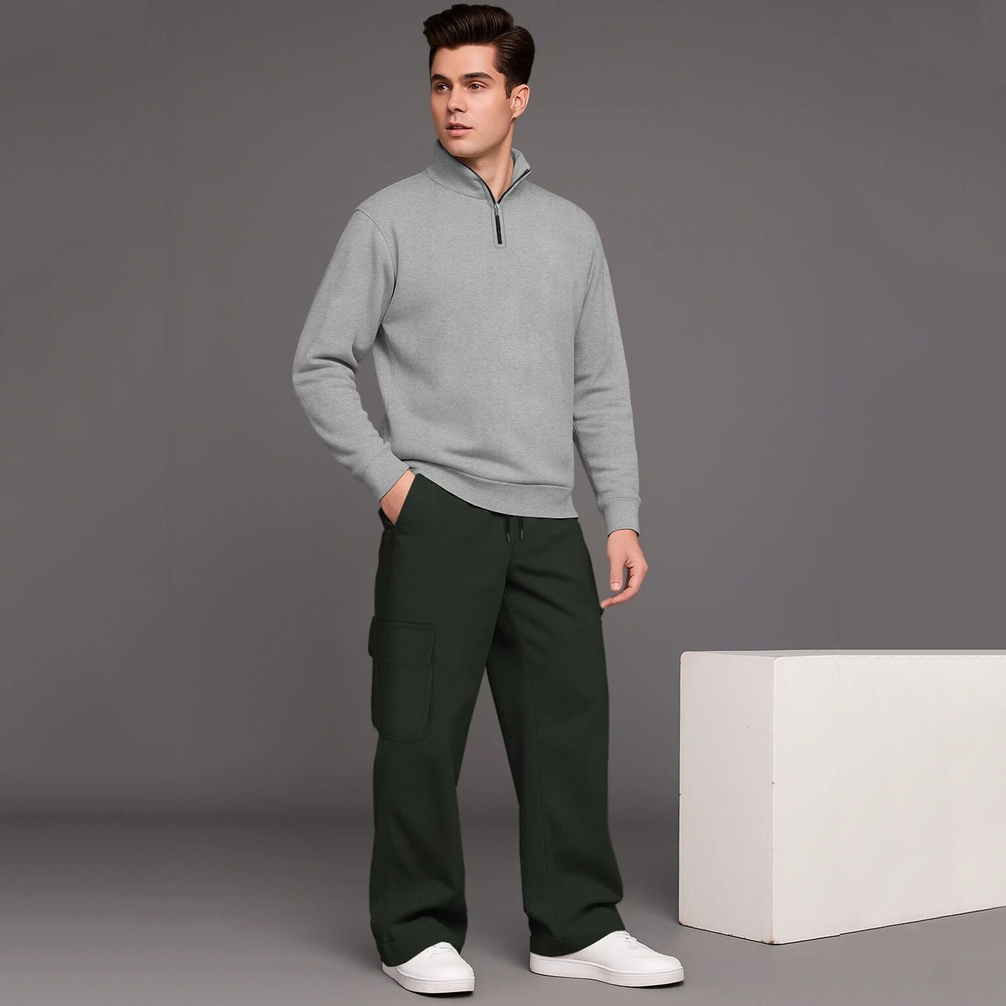 High Neck Sweatshirt & Baggy Cargo Plain Winter Outfits