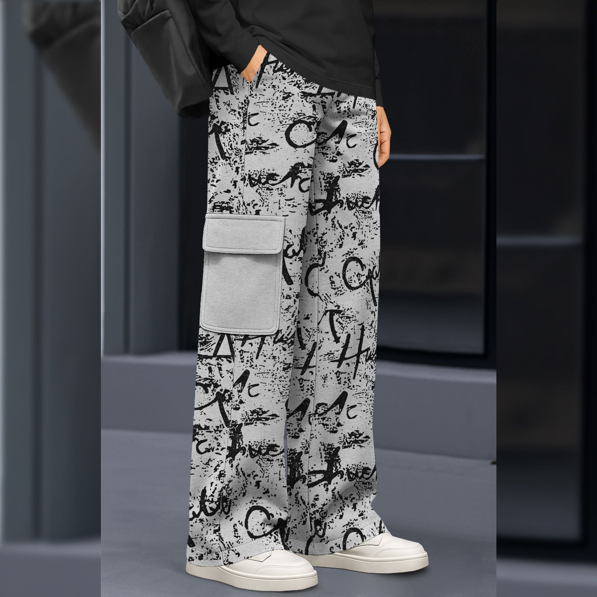 Men All Over Printed Multi Pockets Grey Cargo Jogger