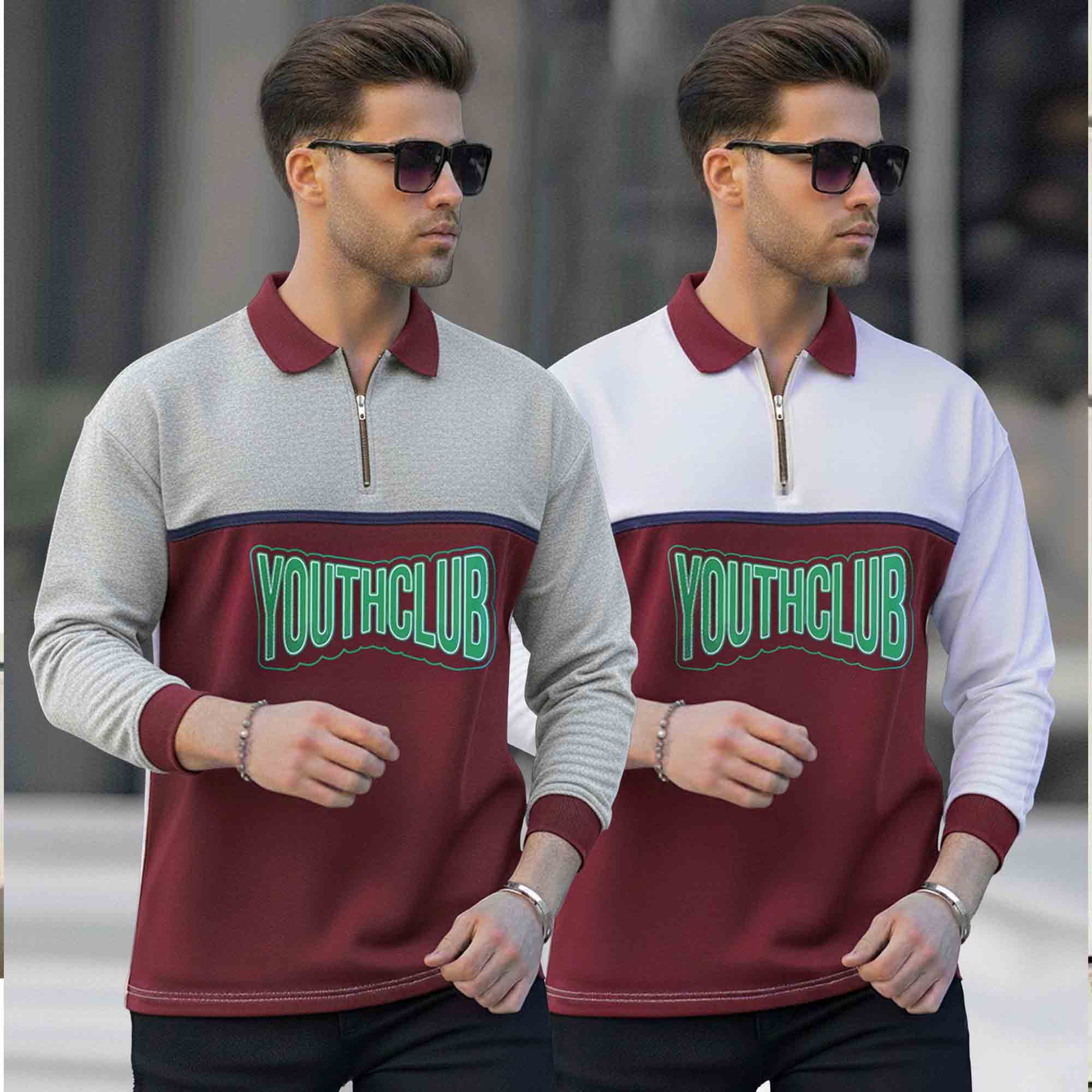 (Pack Of 2) Quarter Zip Polo Neck Vertical Striped Full Sleeve Combo Tshirts - 6 Variants