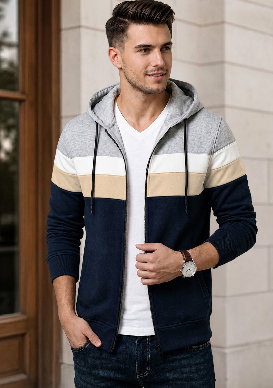 Mens Multicolor Striped Pattern Winter Hooded Jacket