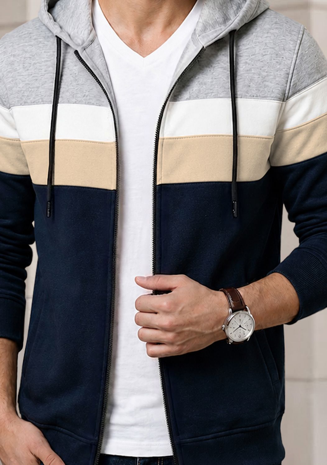 Mens Multicolor Striped Pattern Winter Hooded Jacket