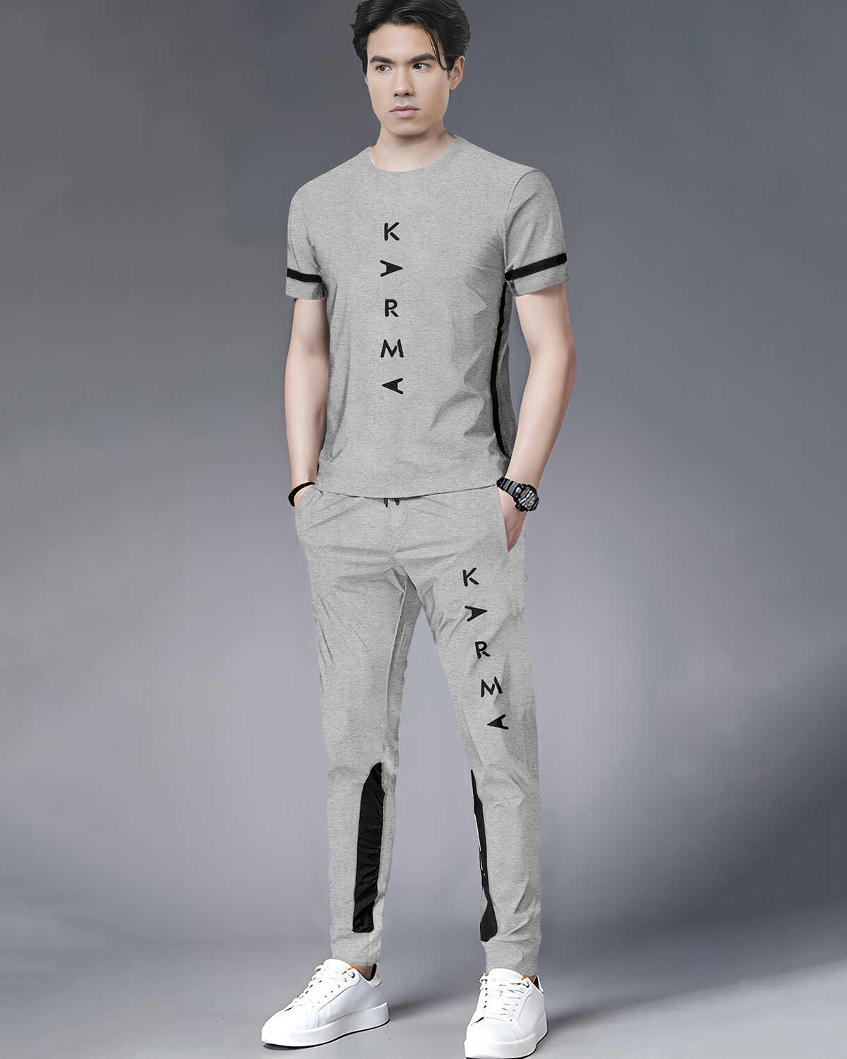 Tracksuit For Men Grey Printed Half T-shirt & Grey Printed Trackpant